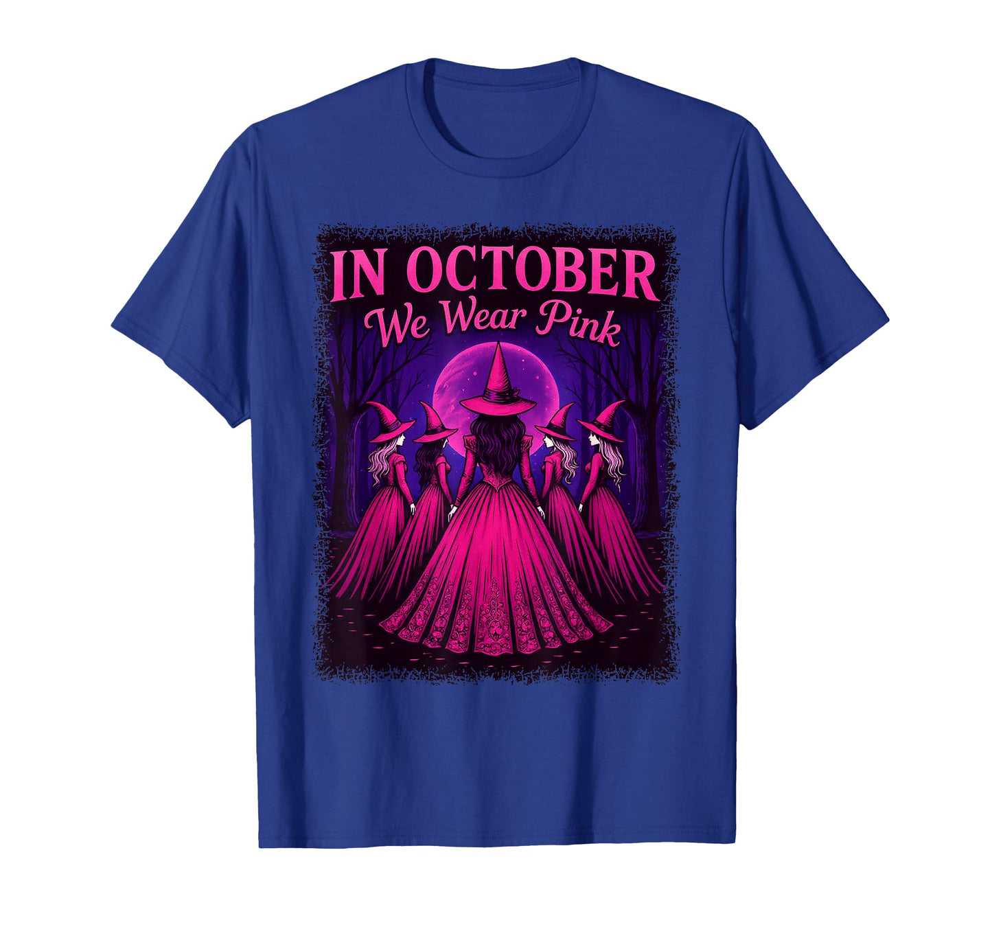 in October We Wear Pink Breast Cancer Halloween Witch Women T-Shirt