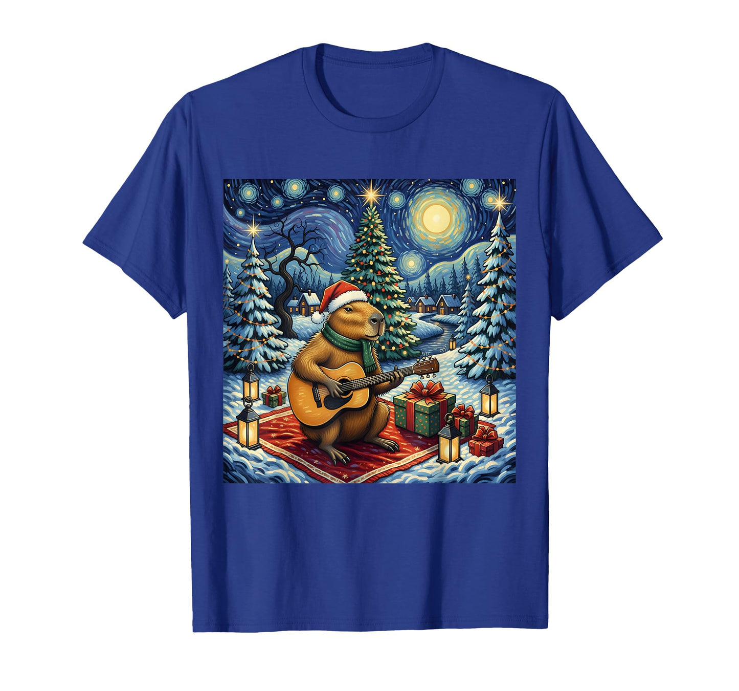 Capybara Playing The Guitar Van Gogh Style Christmas Themed T-Shirt
