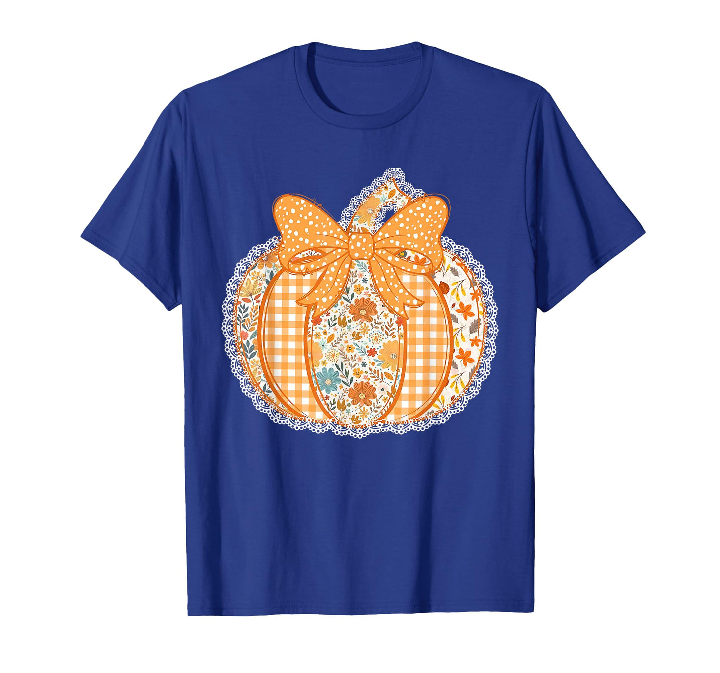 Vintage Patchwork Pumpkin Bow Women Girls Autumn Fall Gift T-Shirt