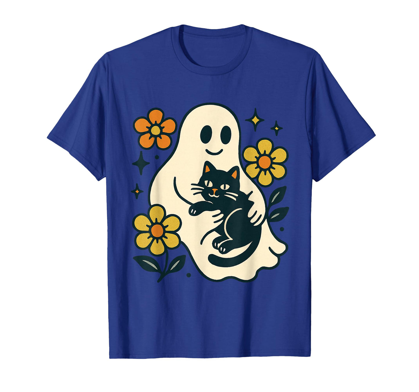 Vintage Halloween Ghost Holding Black Cat Groovy Floral T-Shirt