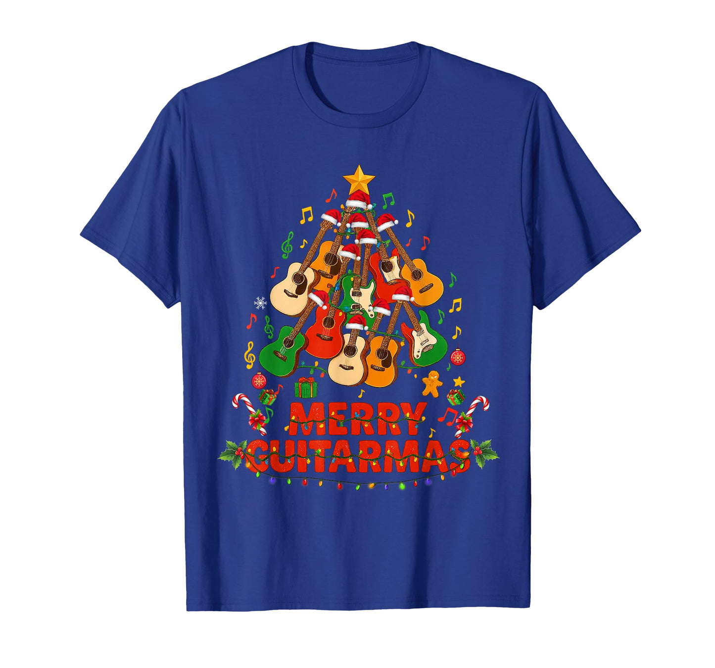 Guitar Santa Hat Christmas Tree Funny Music Loves Xmas Gifts T-Shirt