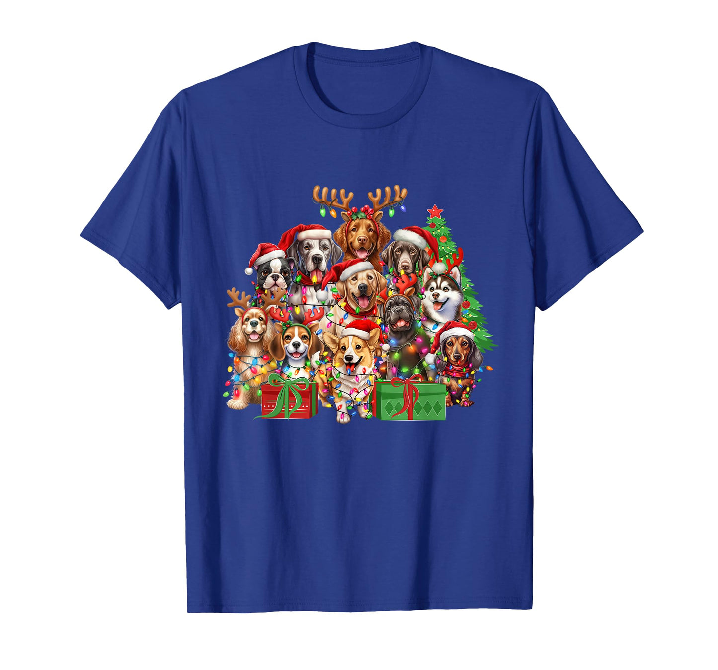 Christmas Dogs Festive Lights and Santa Hats T-Shirt