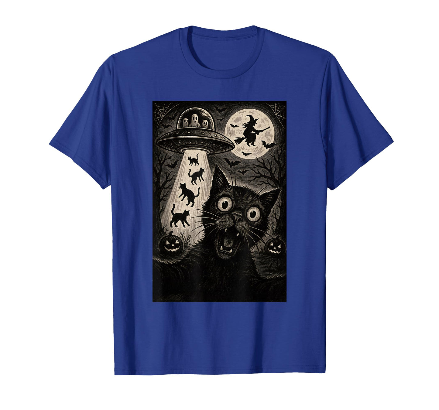 Halloween Cat Selfie Spooky Night Alien Abduction Cats UFO T-Shirt