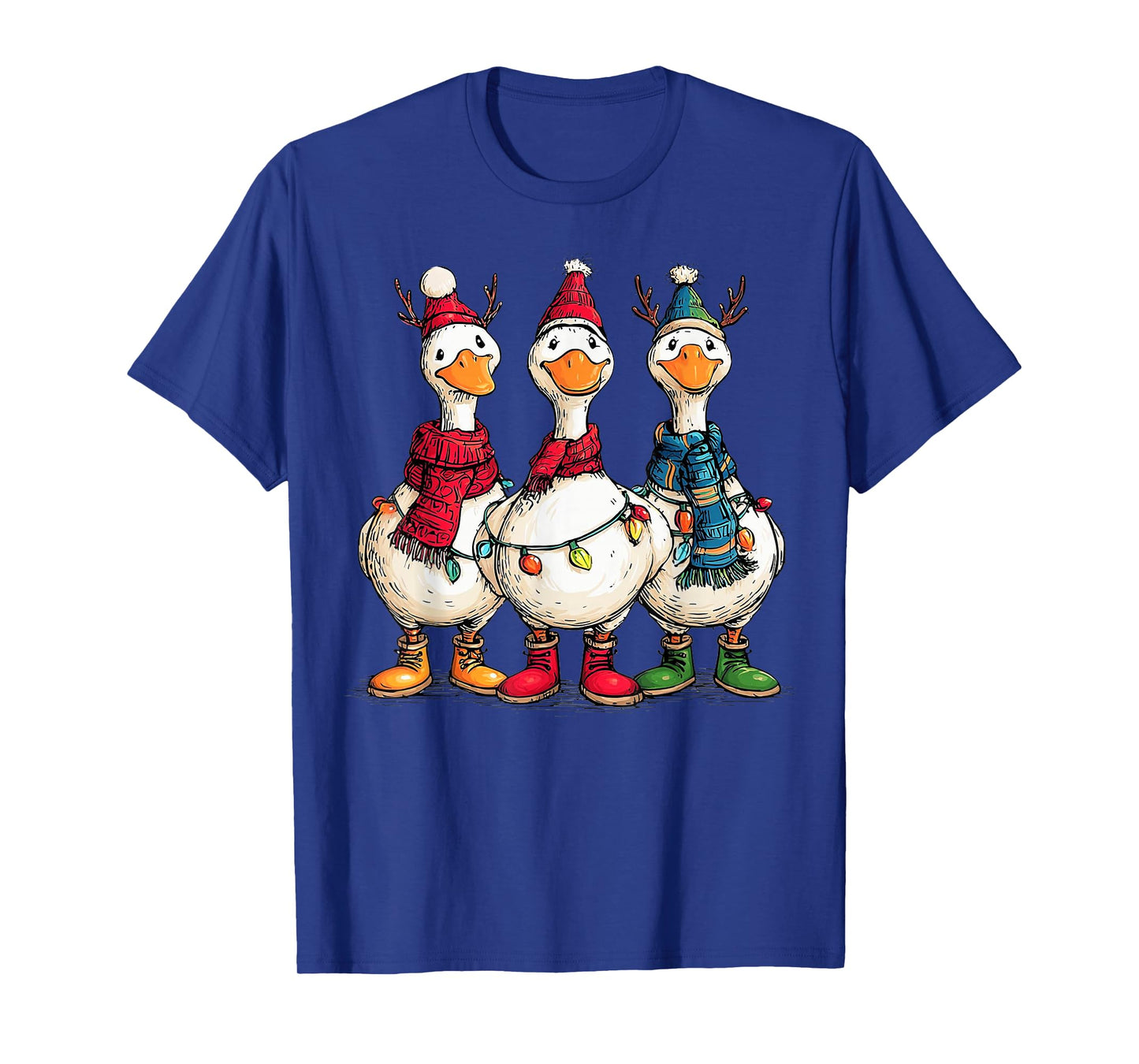 Funny Christmas Goose with Santa Hats Scarves and Lights T-Shirt