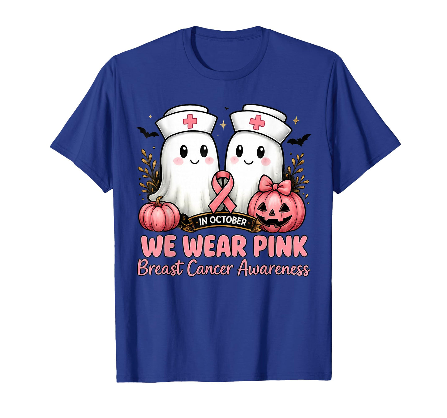 in October We Wear Pink Ghost Nurse Breast Cancer Awareness T-Shirt