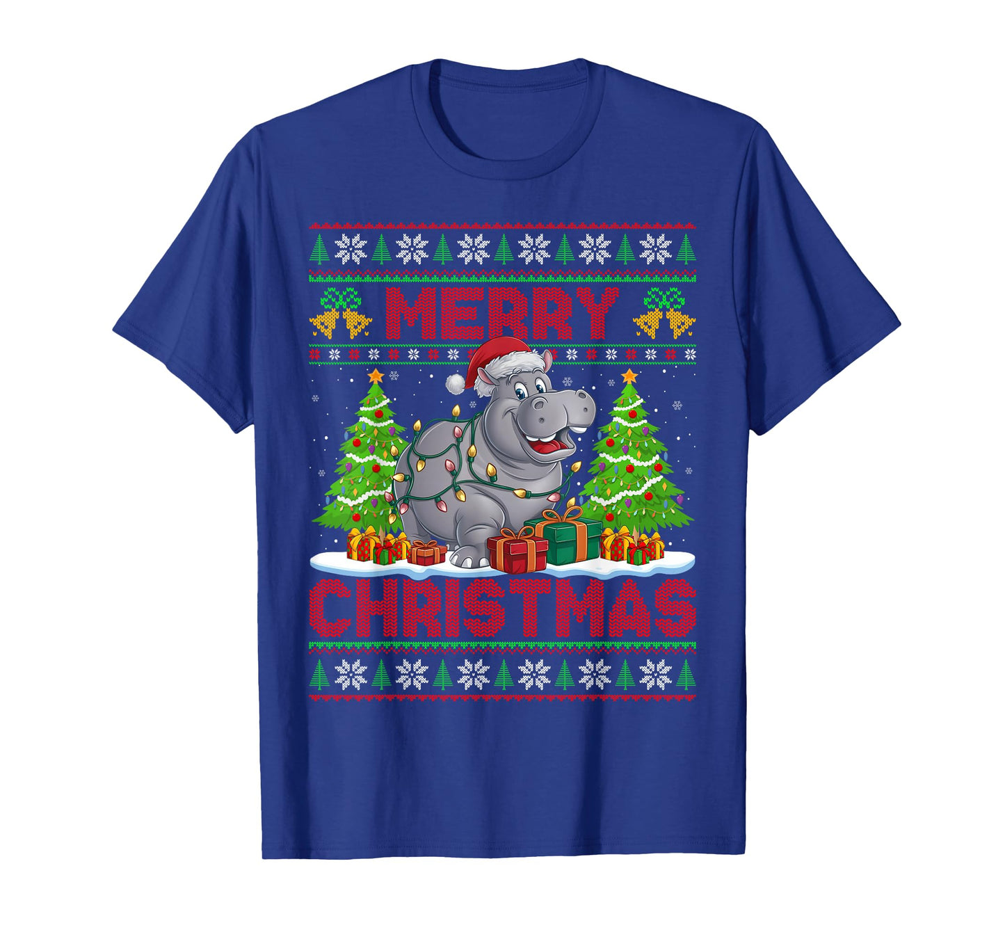 Hippo Ugly Christmas Sweaters Funny Santa Hat Lights Xmas T-Shirt