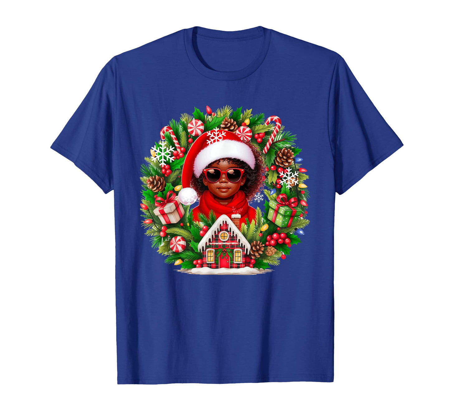 Santa Afro Kid Girl Sunglasses Xmas Floral Cirle Colorful T-Shirt