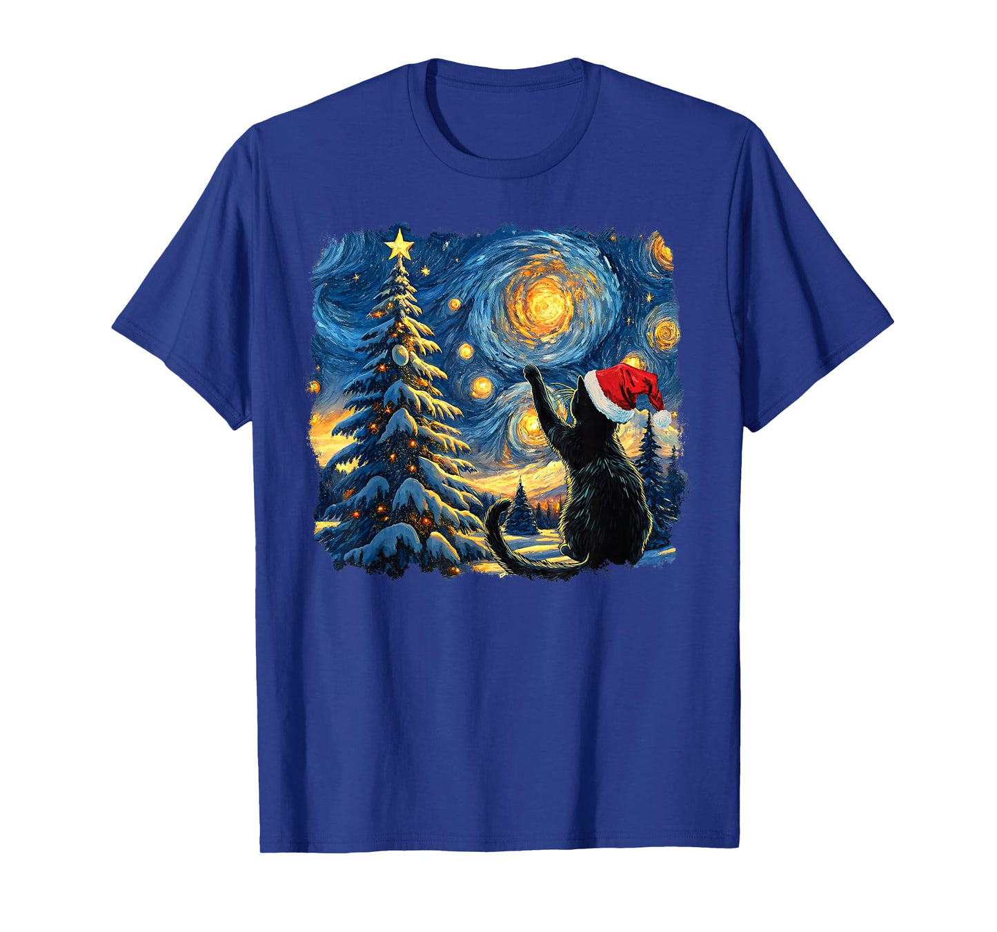 Cat Starry Night Van Gogh Christmas Black Cat Santa Hat T-Shirt