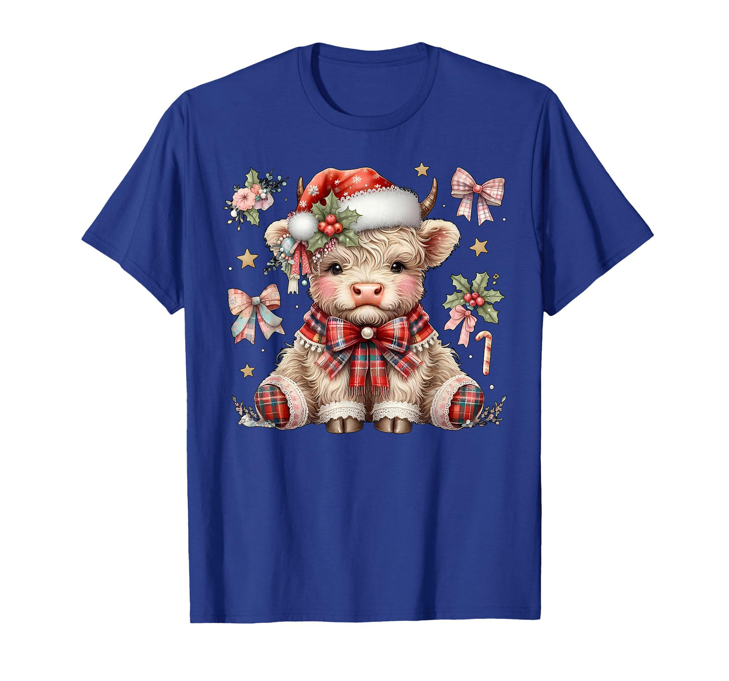 Patchwork Coquette Christmas Highland Cow Santa Hat Western T-Shirt
