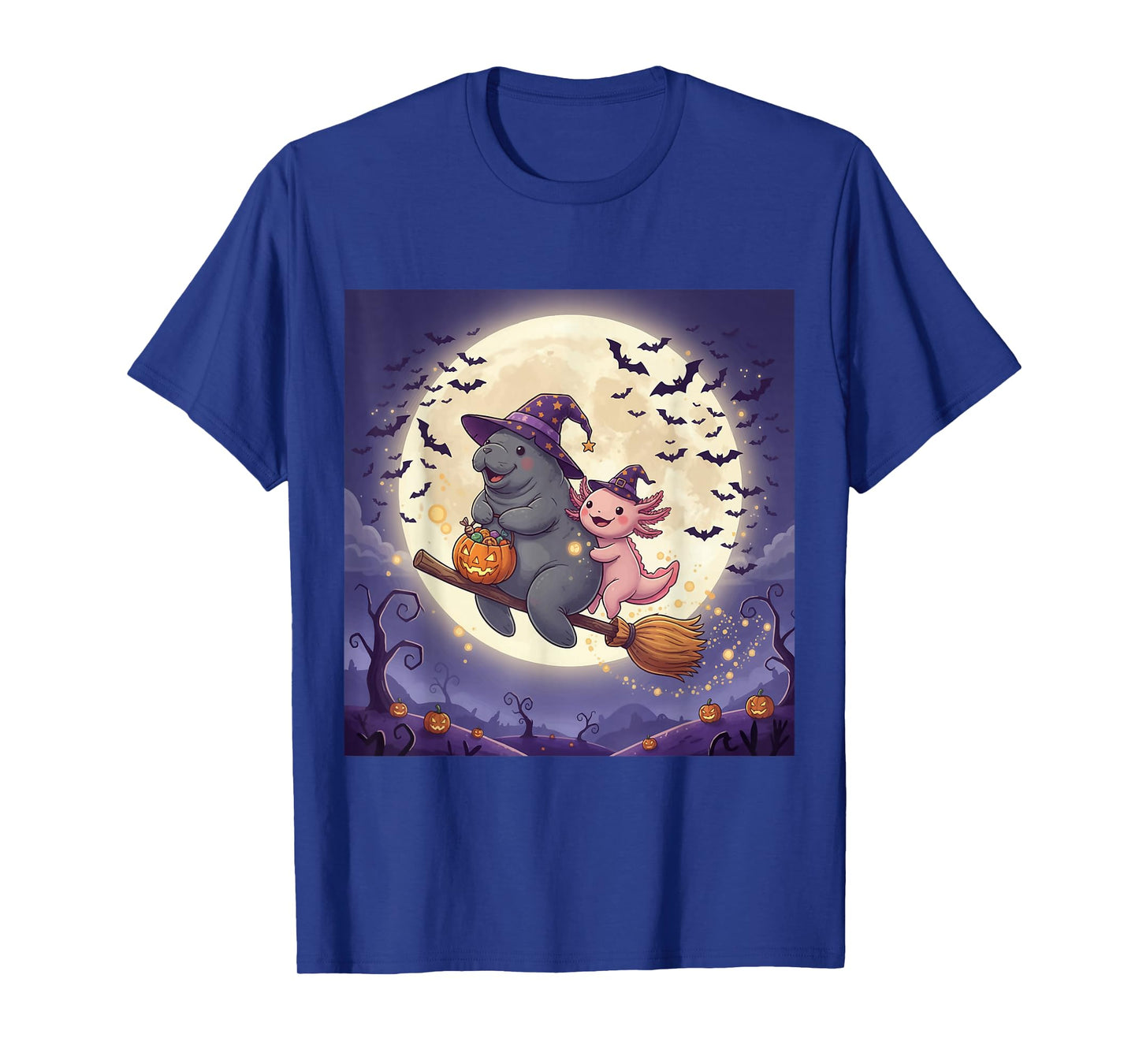 Axolotl and Manatee Witch Hat Pumpkin Halloween Costume T-Shirt