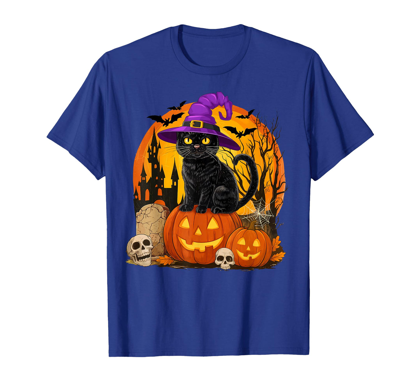 Vintage Black Cat Witch Pumpkin Halloween Men Women Kids T-Shirt