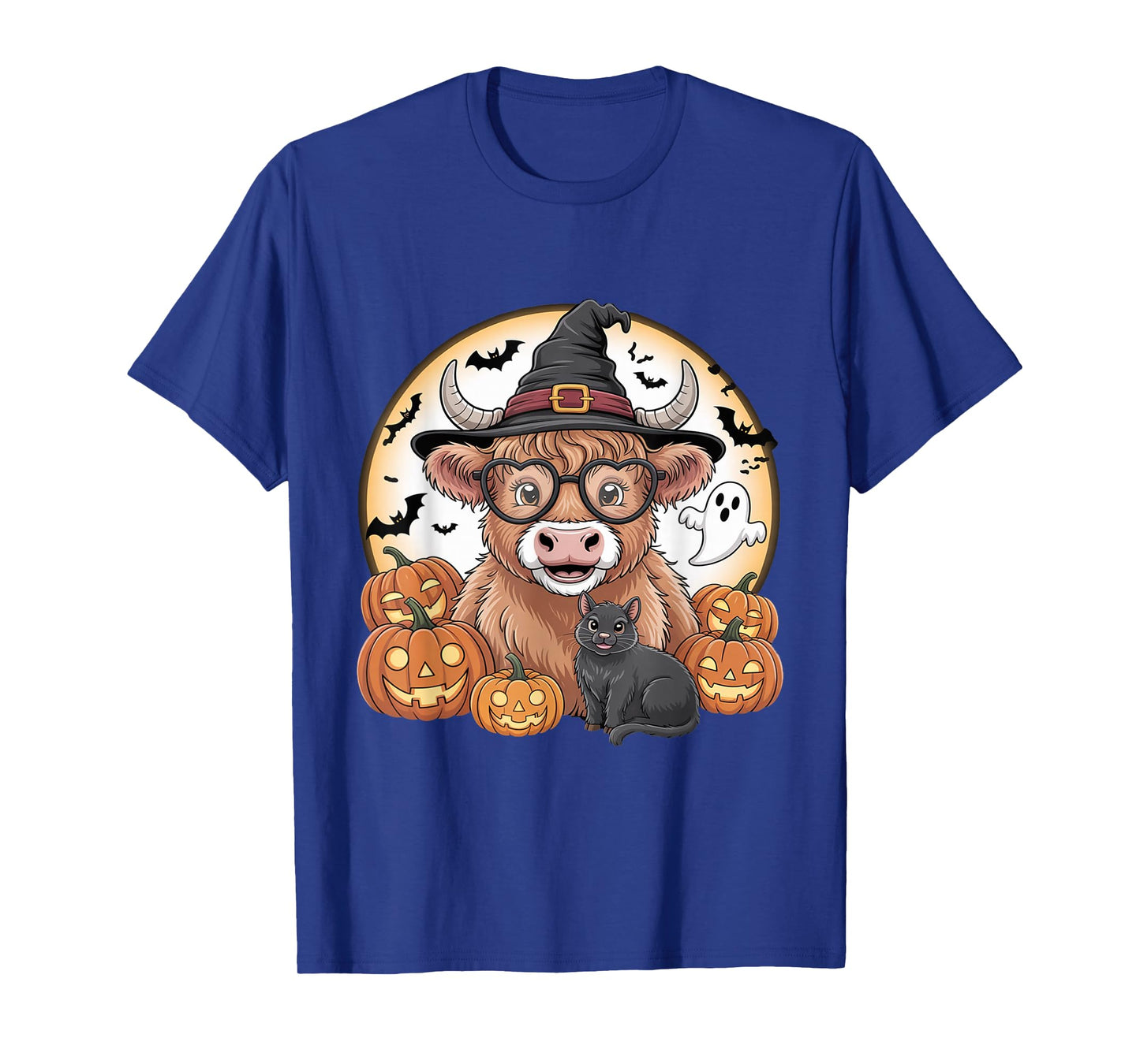 Cute Highland Cow Witch Halloween Pumpkin Black Cat Ghost T-Shirt