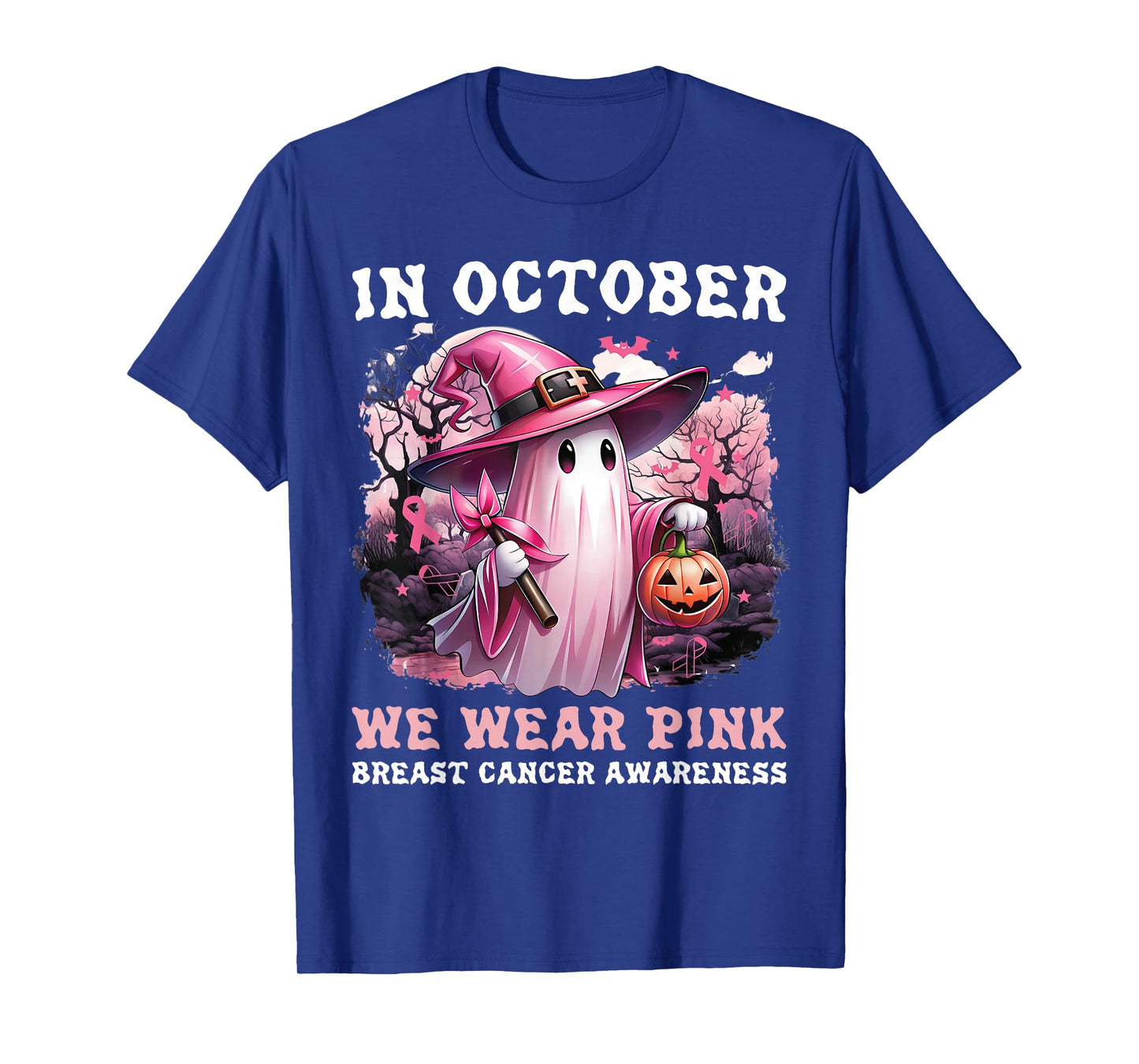 in October We Wear Pink Ghost Witch Breast Cancer Awareness T-Shirt