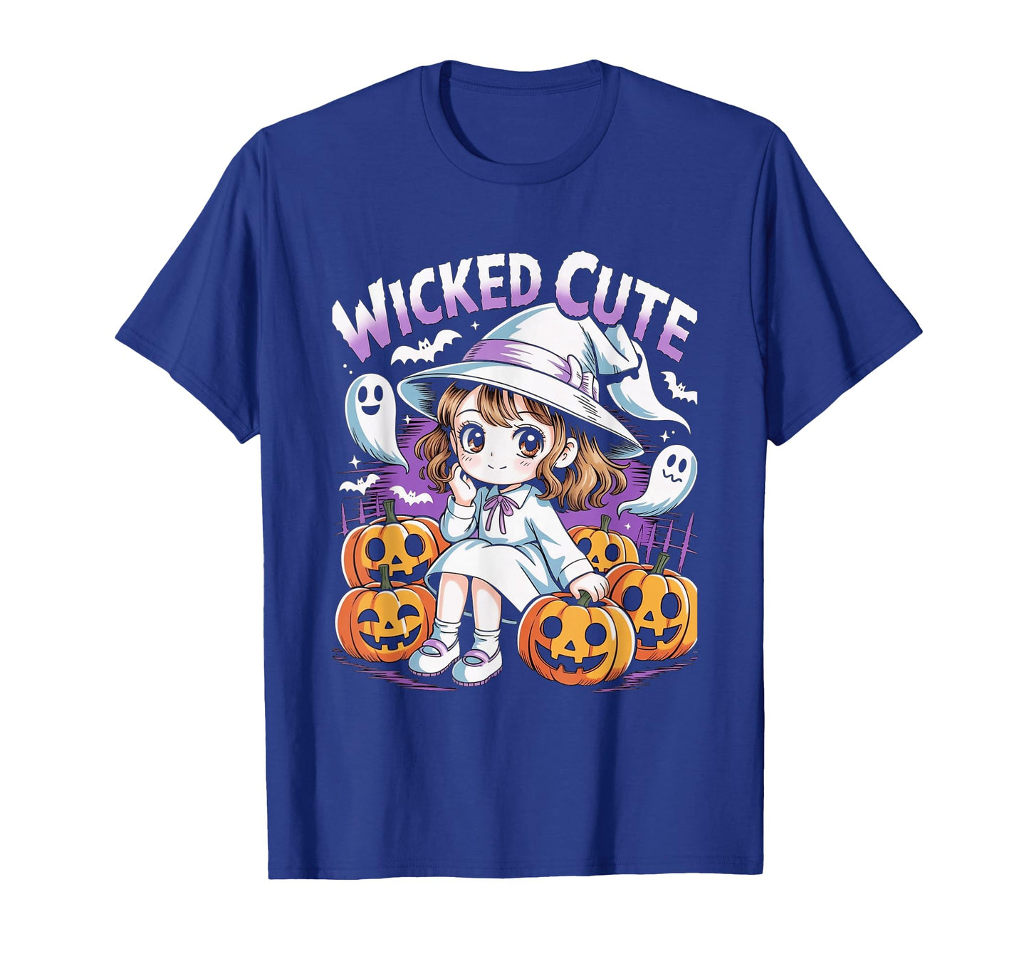Halloween Anime Cute Witch Girls Pumpkin Bats Ghosts Kids T-Shirt