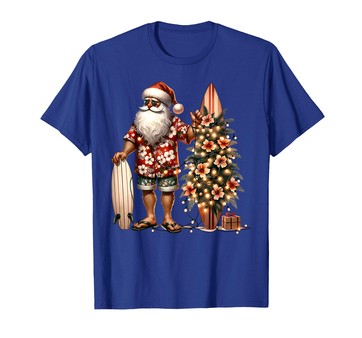 Tropical Christmas Santa Surfing Beach Hibiscus Xmas Lights T-Shirt