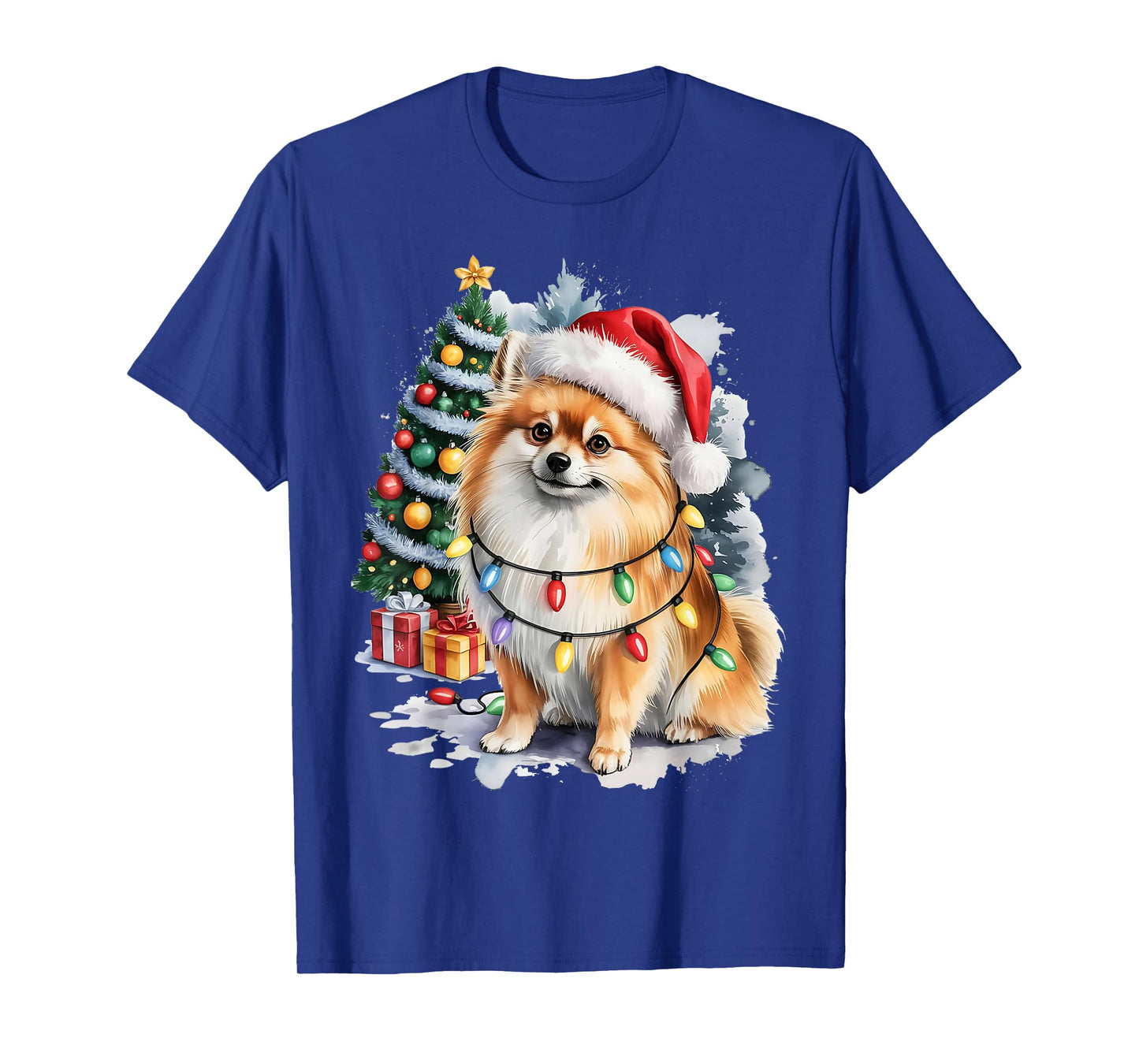 Pomeranian Christmas Dog with Santa Hat and Lights Holiday T-Shirt