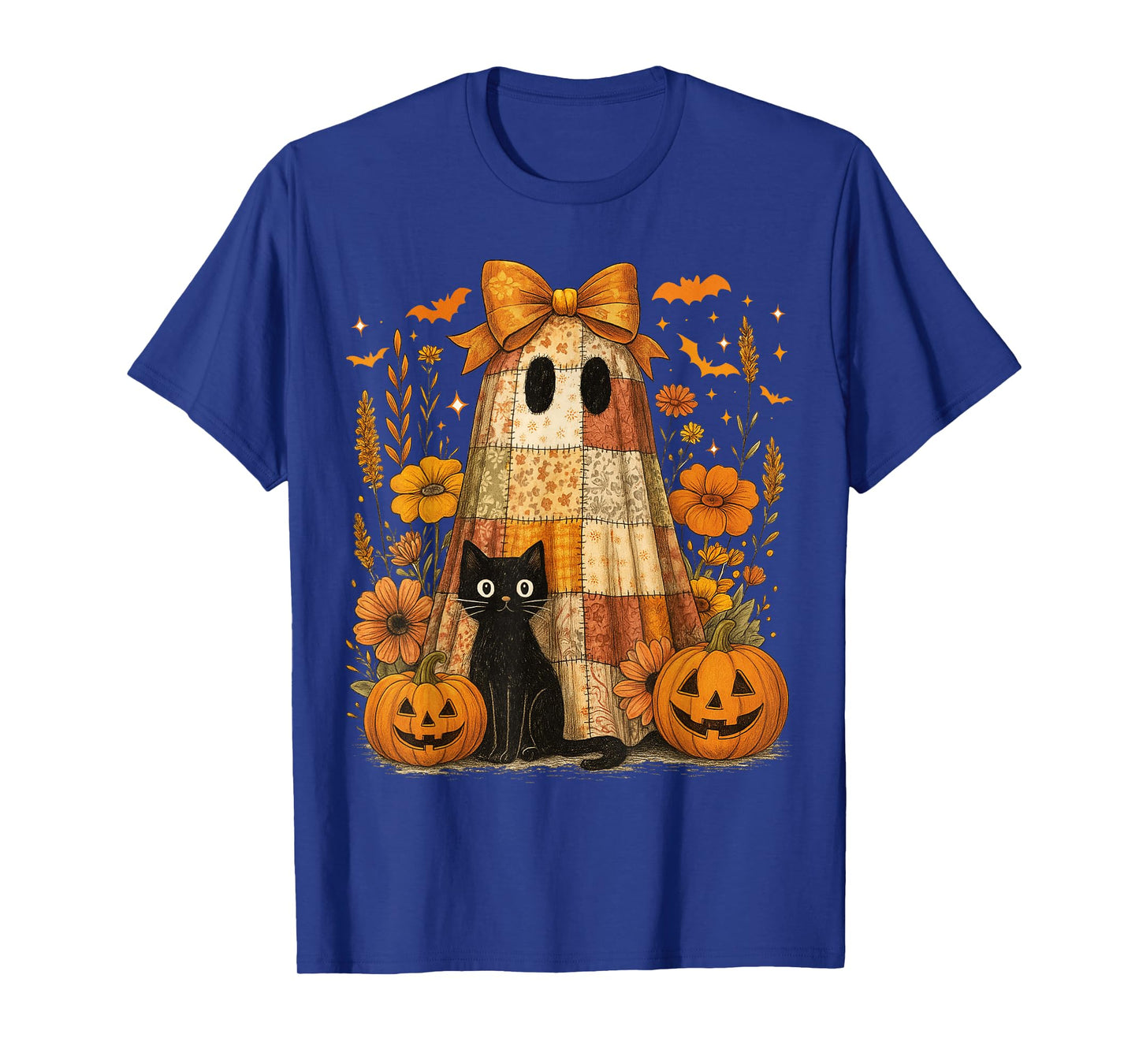 Vintage Halloween Ghost Black Cat Patchwork Floral Women Kid T-Shirt