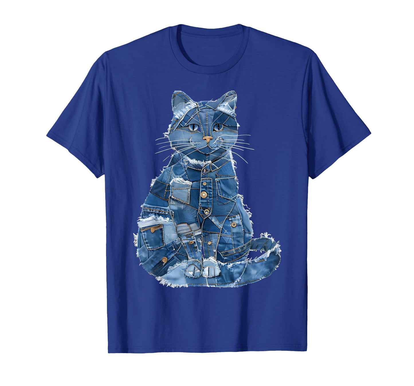 Retro Cat Pattern Denim Patchwork Graphic Art T-Shirt for Men Women