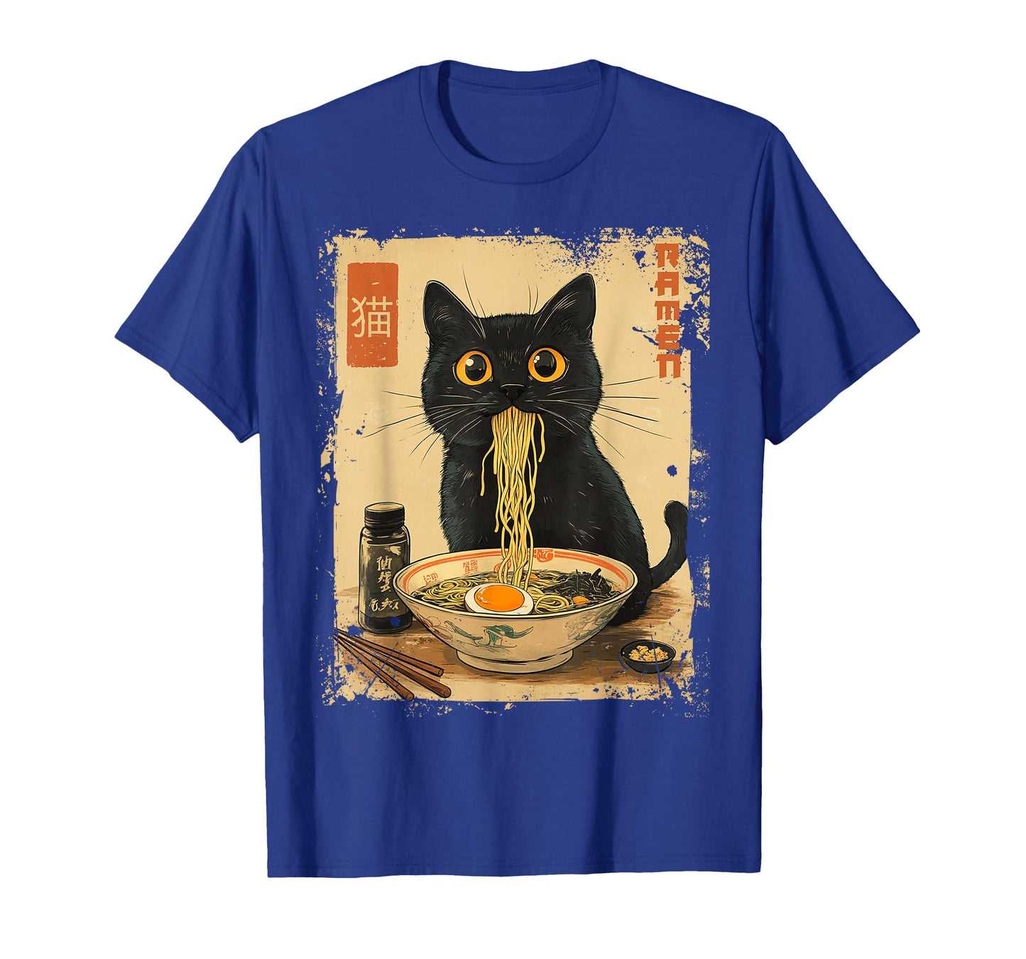 Dirhame Funny Japanese Cat Ramen Anime Kawaii Cat Eating Ramen Noodles T-Shirt, Unisex-Adults, Anime Fans, Girls, Young Females, Black, Small, Short Sleeve, T-Shirt
