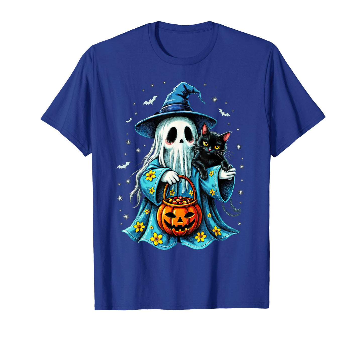 Ghost Holding Black Cat Lover Halloween 2025 Groovy Floral T-Shirt