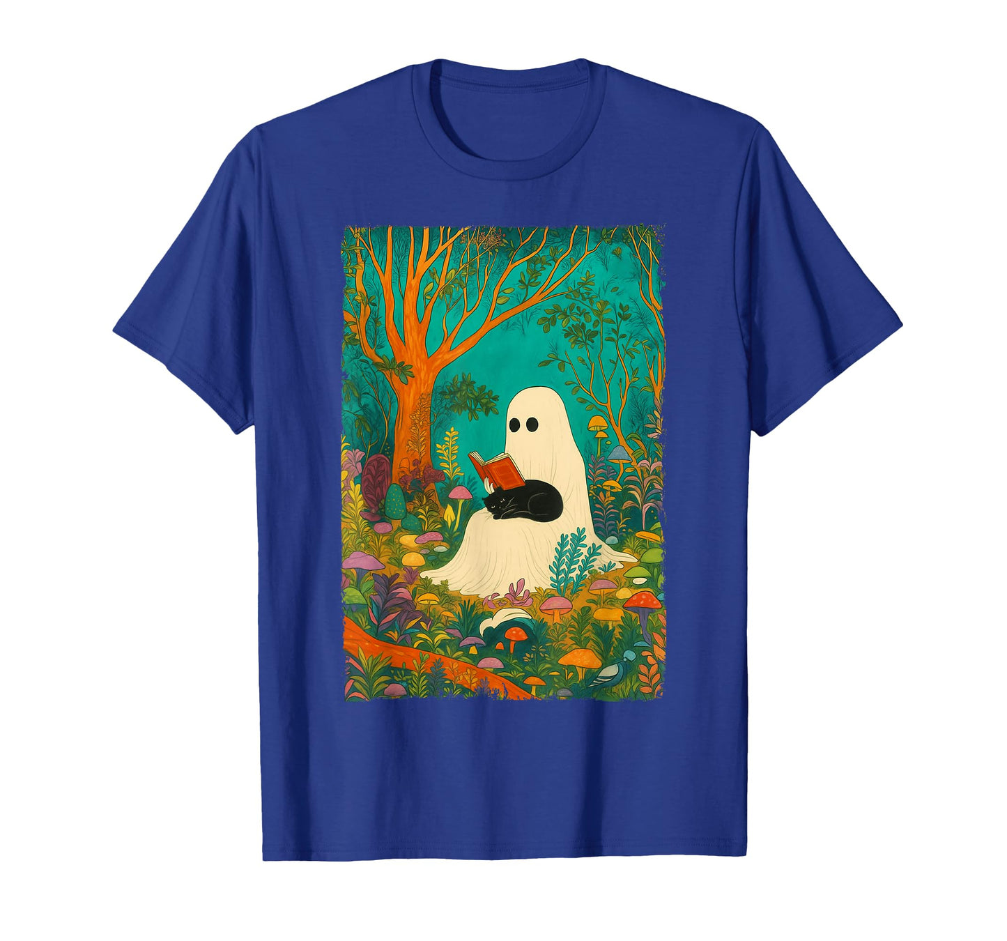 Groovy Ghost Reading Book Black Cat Halloween Ghost Teacher T-Shirt