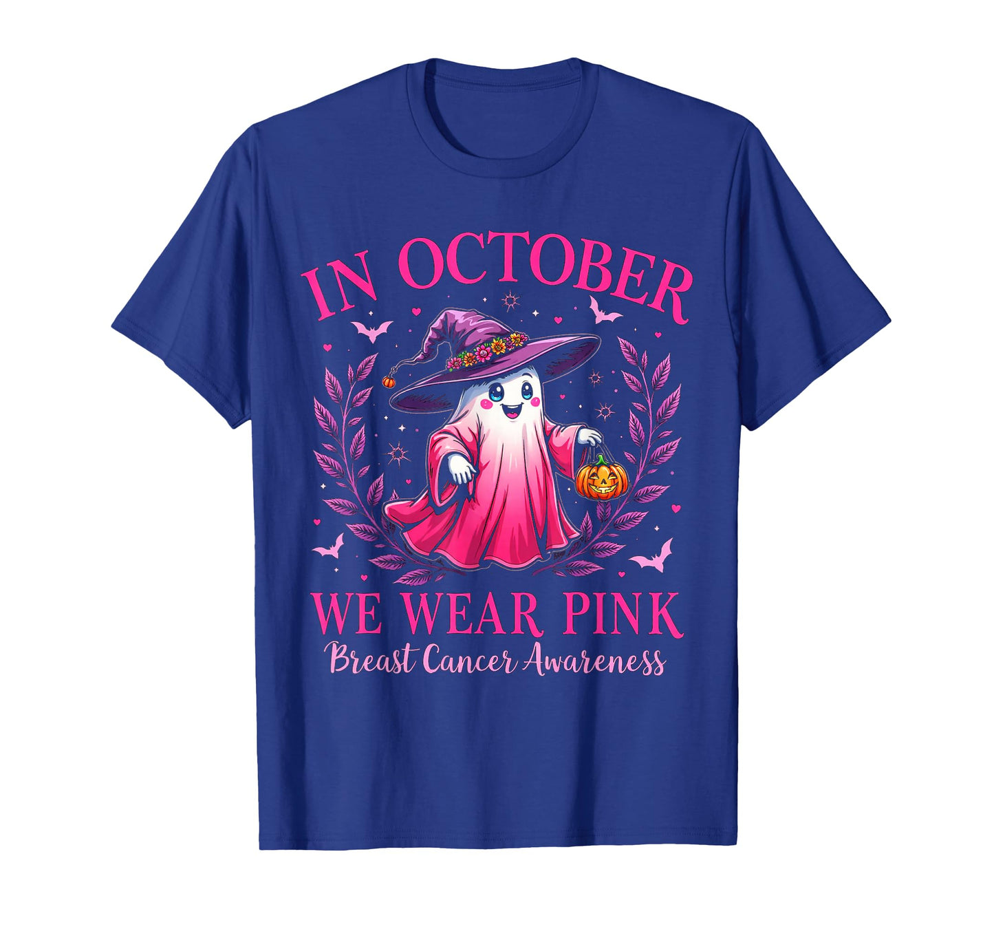 Breast Cancer Awareness 2025 Cute Pink Ghost with Witch Hat T-Shirt