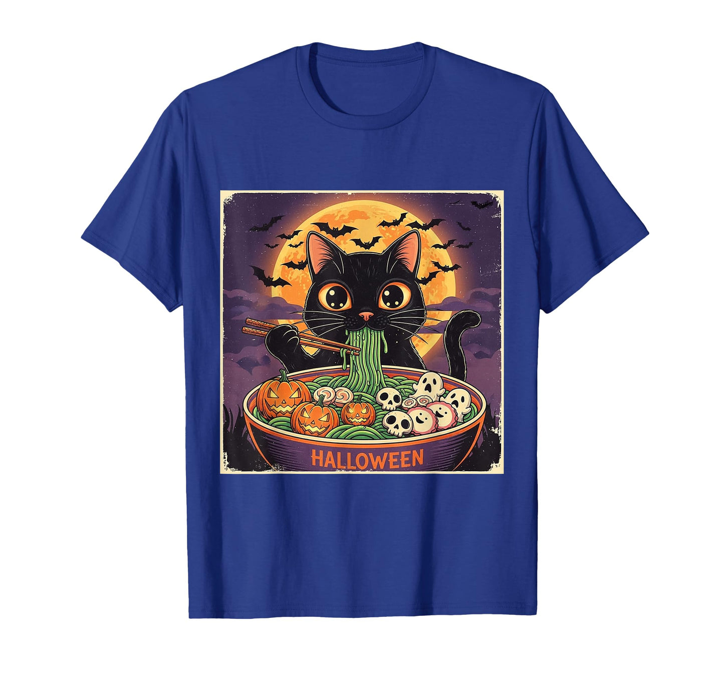 Black Cat Witch Hat Slurping Ramen Holiday Vintage Halloween T-Shirt
