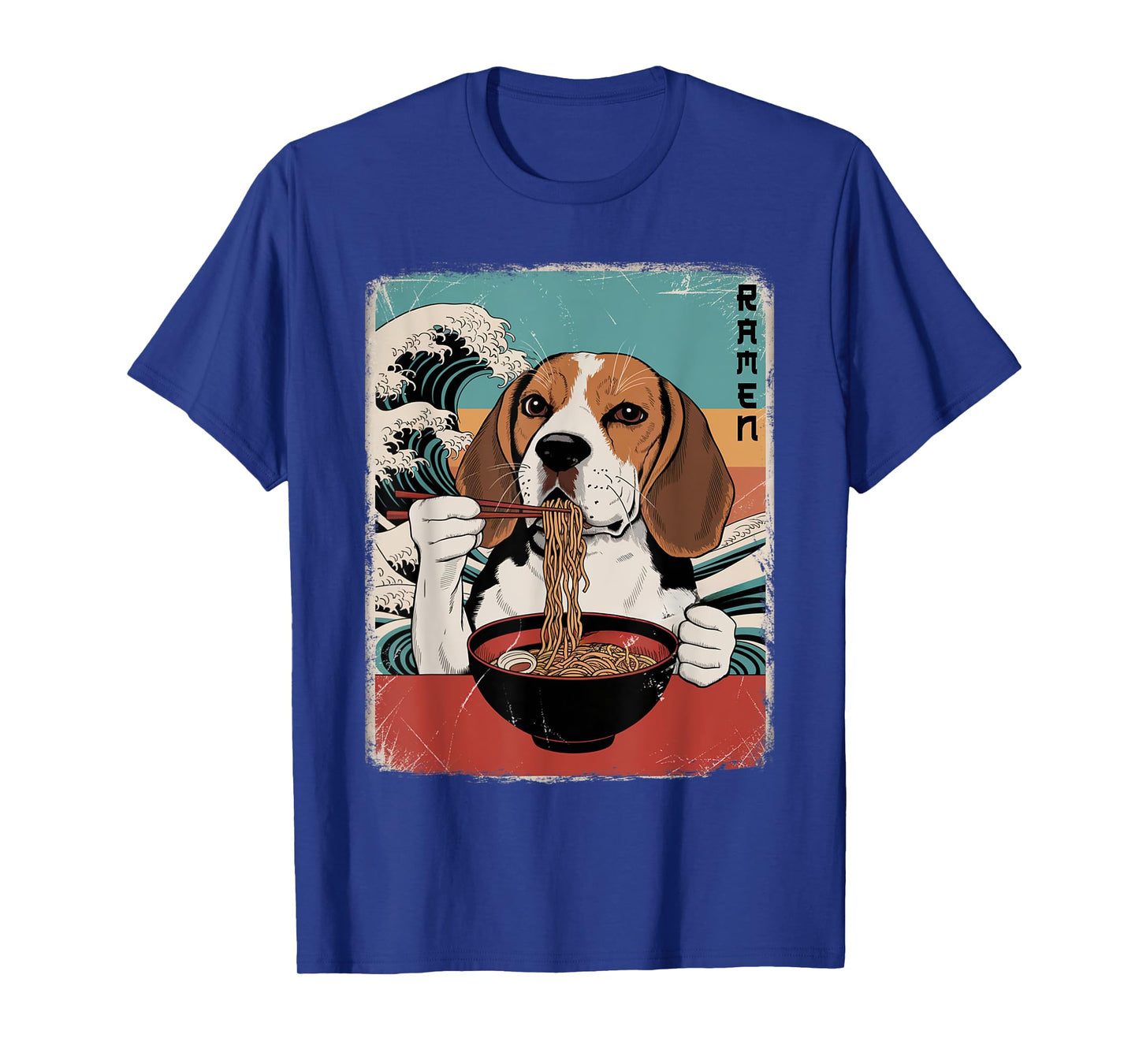 Beagle Eat Ramen Noodles Japanese Art Retro Ocean Waves T-Shirt