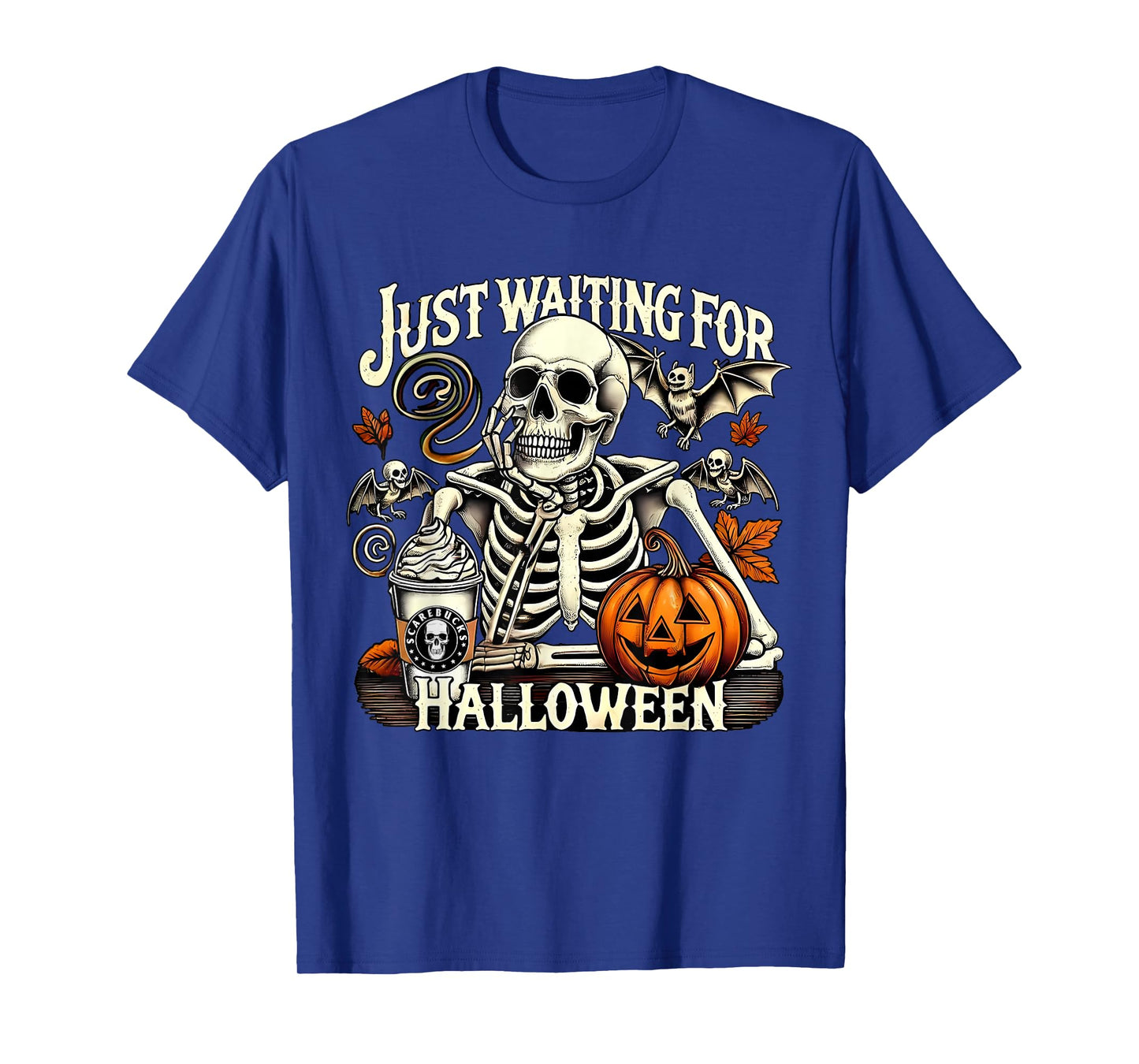 Just Waiting for Halloween Skeleton Pumpkin Coffee Drinking T-Shirt