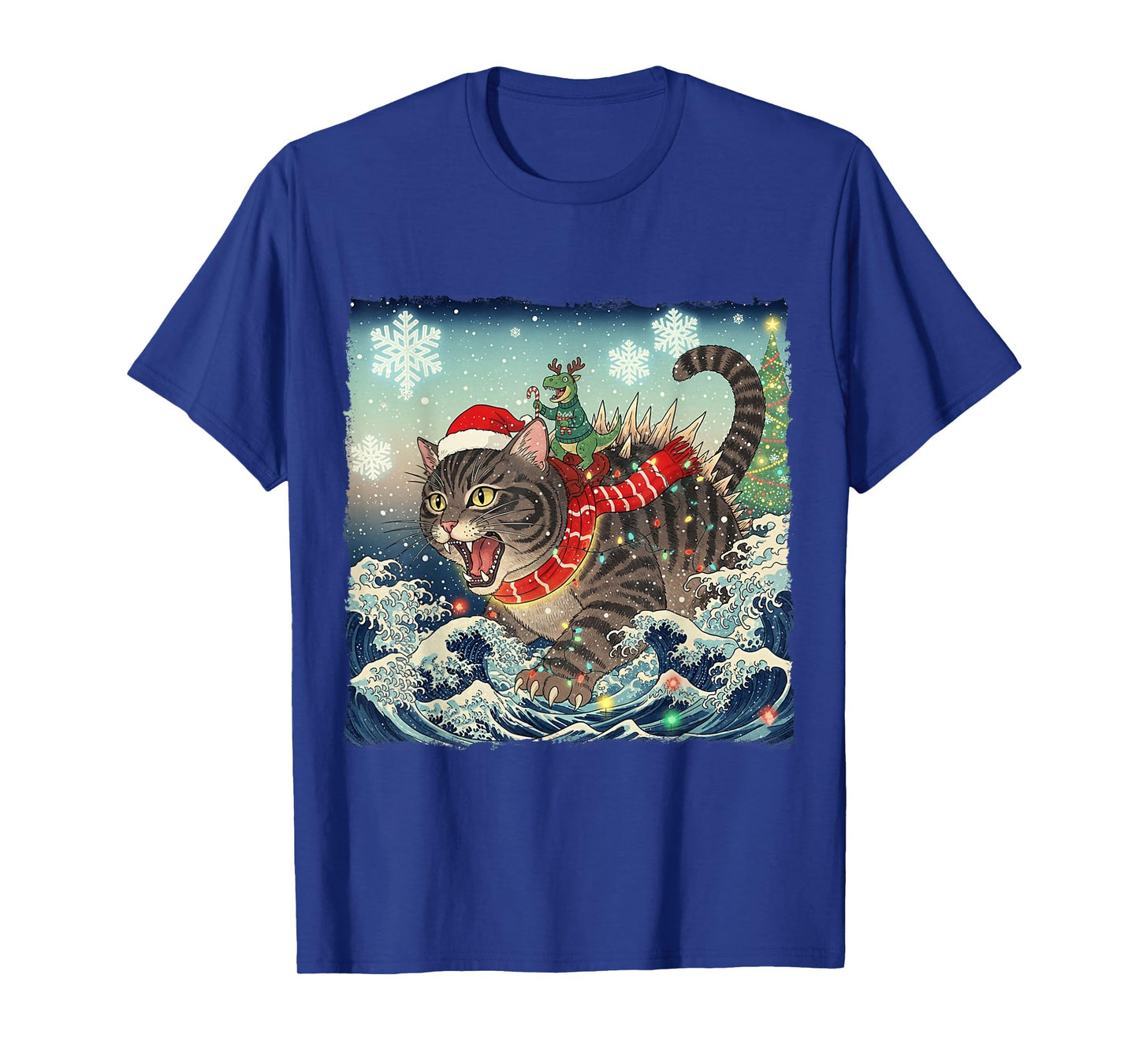 Catzilla Christmas with Cute Dino Cat Funny Holiday Wave T-Shirt