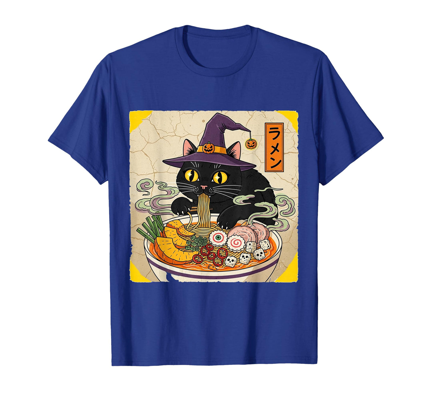 Black Cat Holiday Witch Hat Slurping Ramen Vintage Halloween T-Shirt