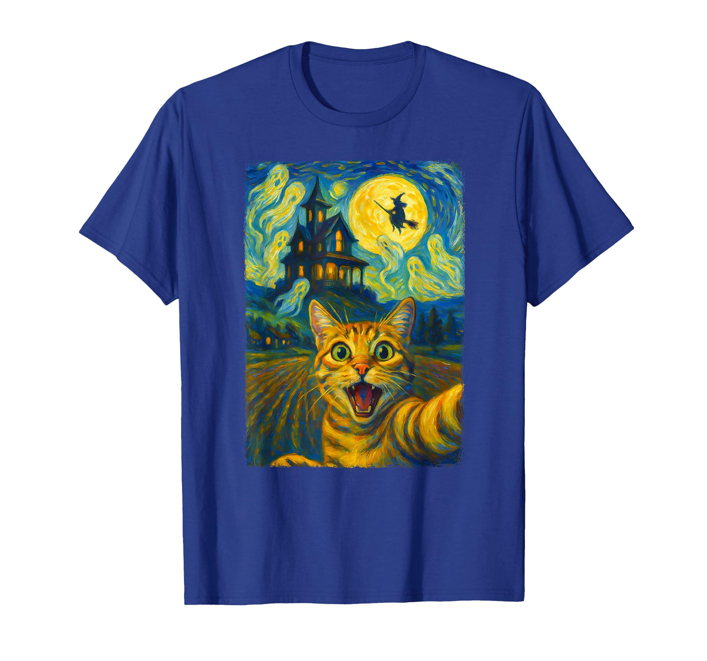 Funny Cat Selfie Witch Ghost Halloween Van Gogh Starry Night T-Shirt