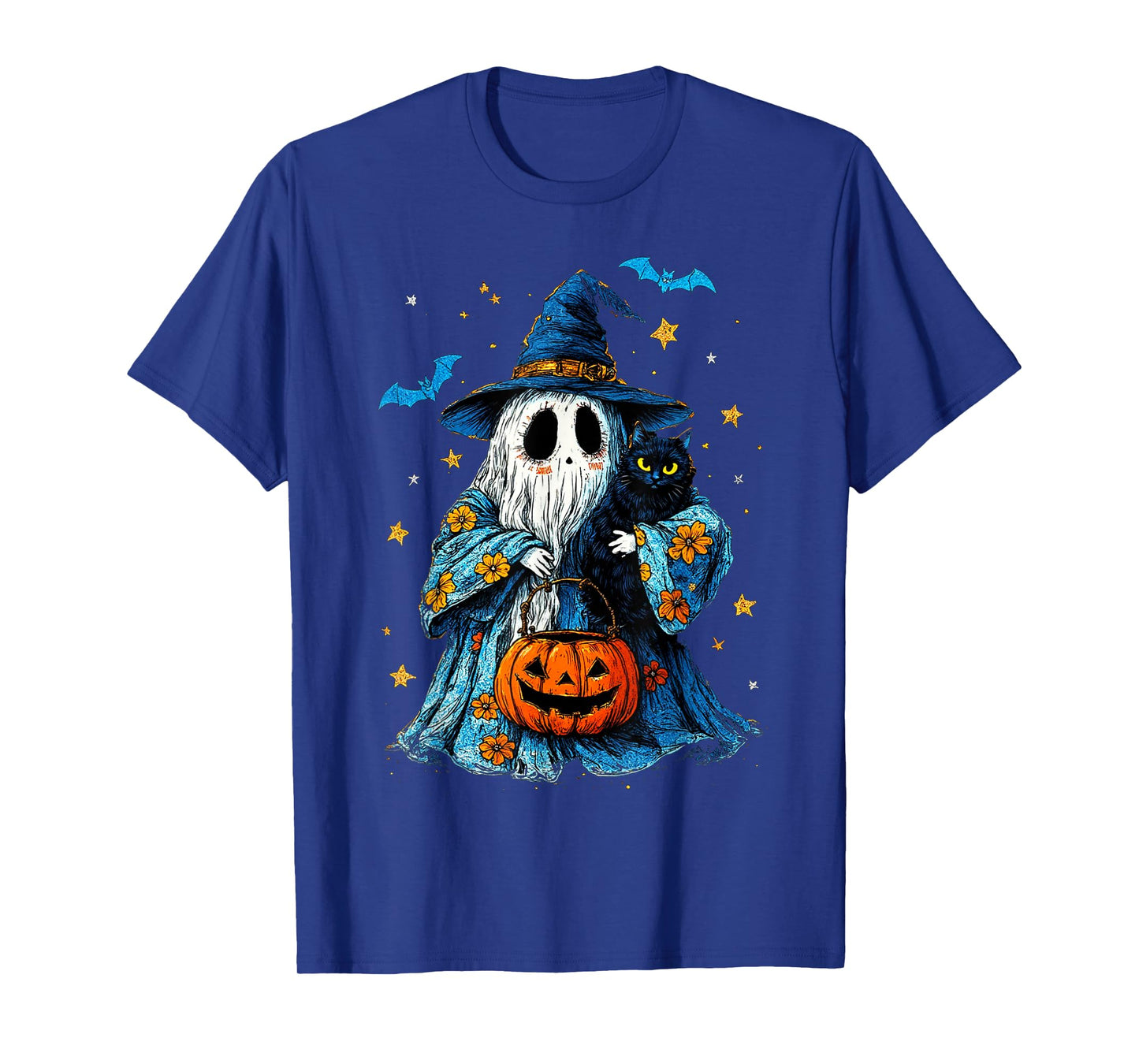Ghost Holding Black Cat Lover Halloween 2025 Groovy Floral T-Shirt
