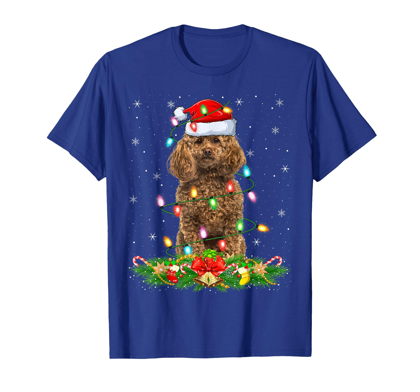 Poodle Dog Christmas Lights Funny Santa Hat Xmas T-Shirt