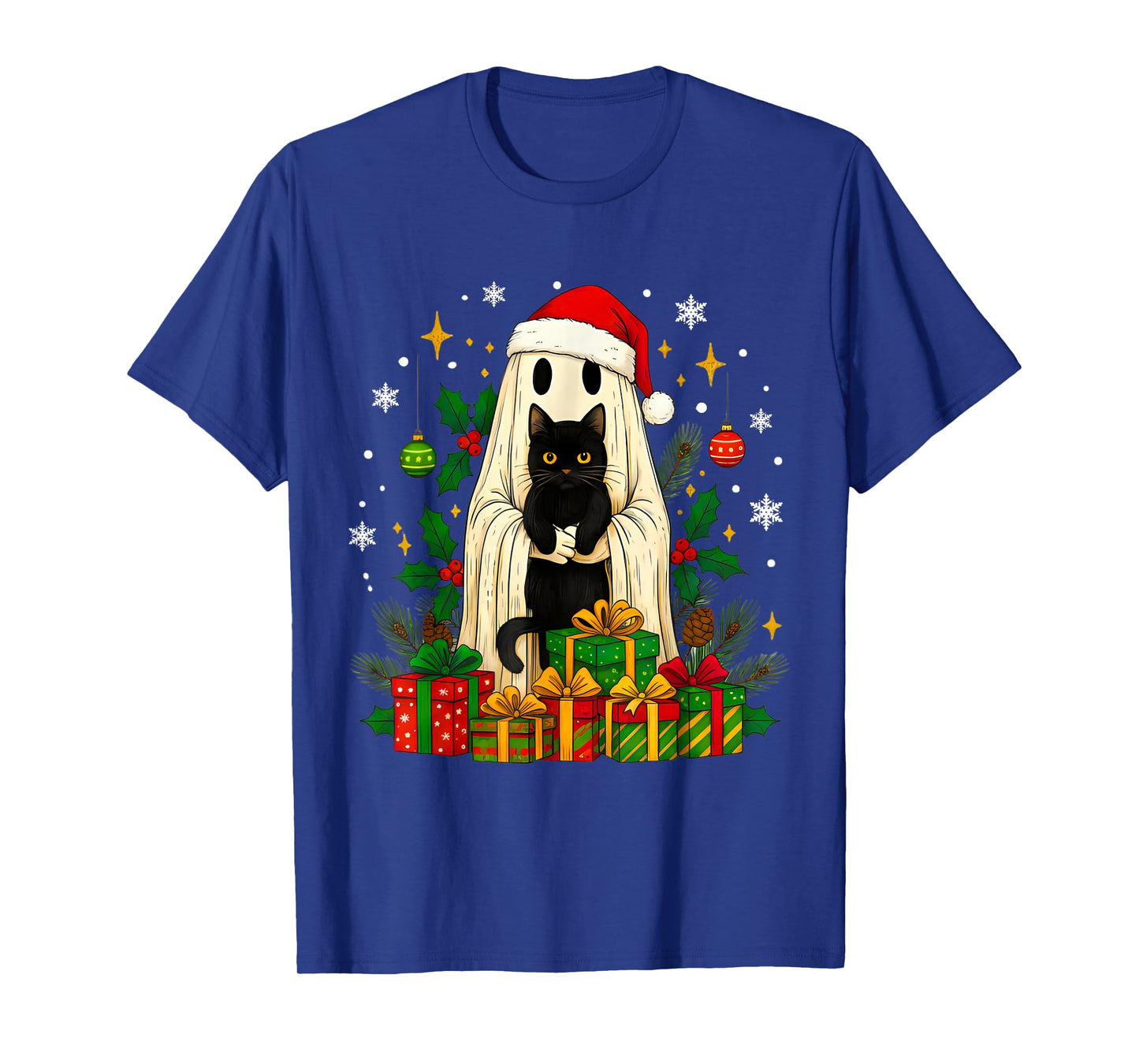 Vintage Christmas Ghost Holding Black Cat Groovy Floral T-Shirt