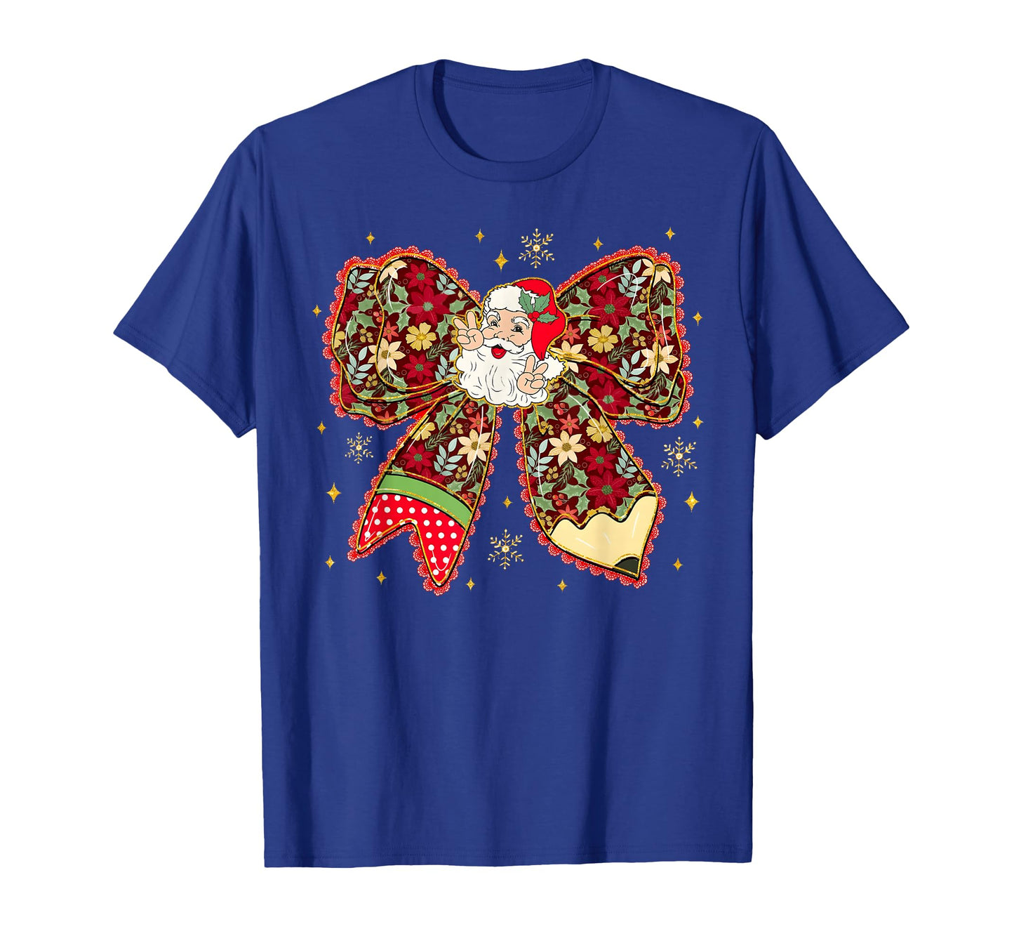 Santa Peace Sign Floral Coquette Bow Christmas Pajamas Girly T-Shirt