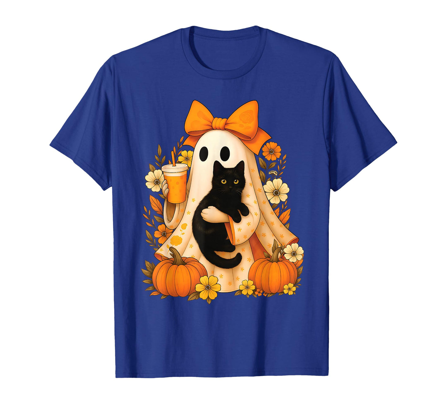 Retro Ghost Holding Cat Groovy Floral Vintage Halloween T-Shirt