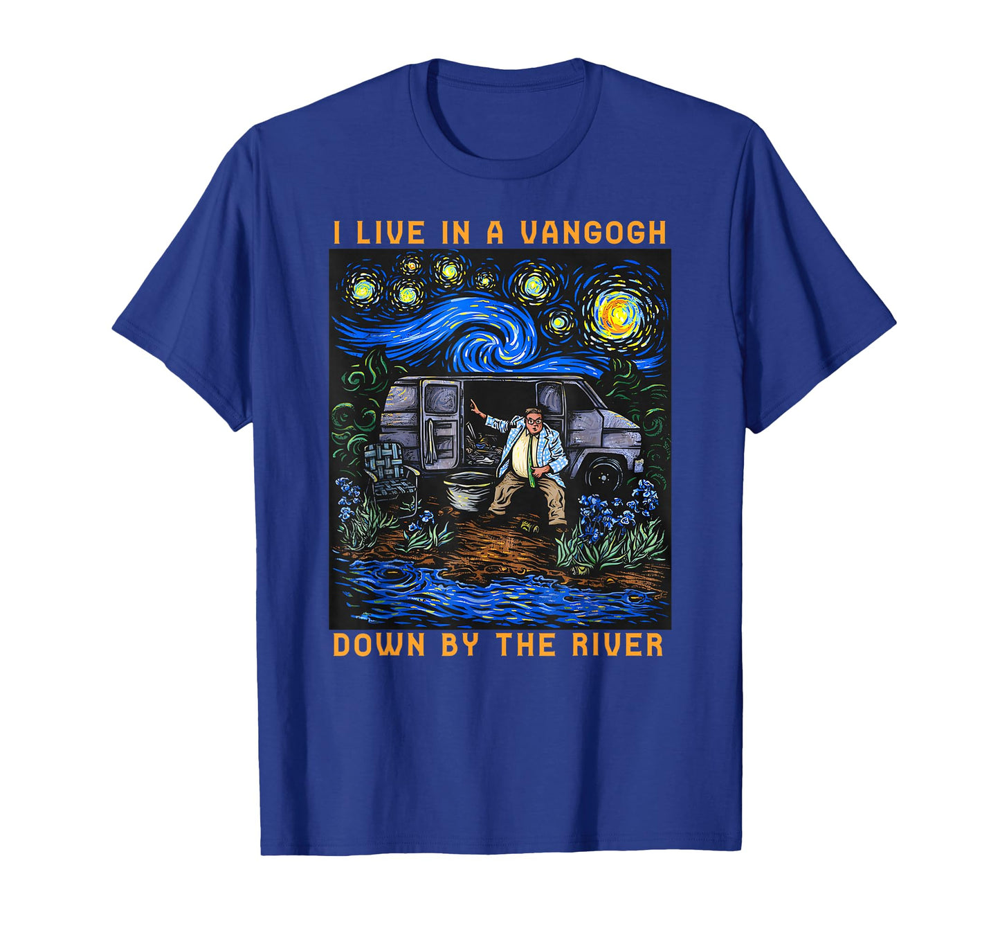 River Beautiful Day I Live In A Van-Gogh Down Black Cotton 100% Classic Fit Crew Collar Short Sleeve Unisex-Adults Small T-Shirt