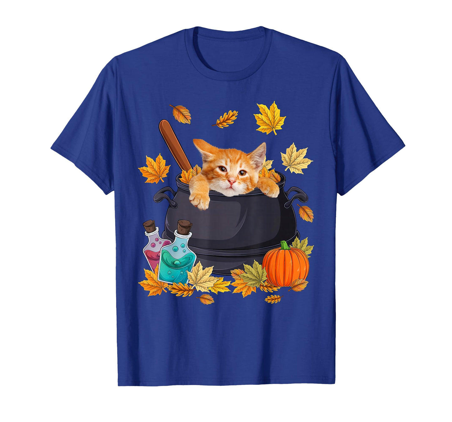 Cat in Witch Bucket & Fall Leaves Halloween Costume Day Kids T-Shirt