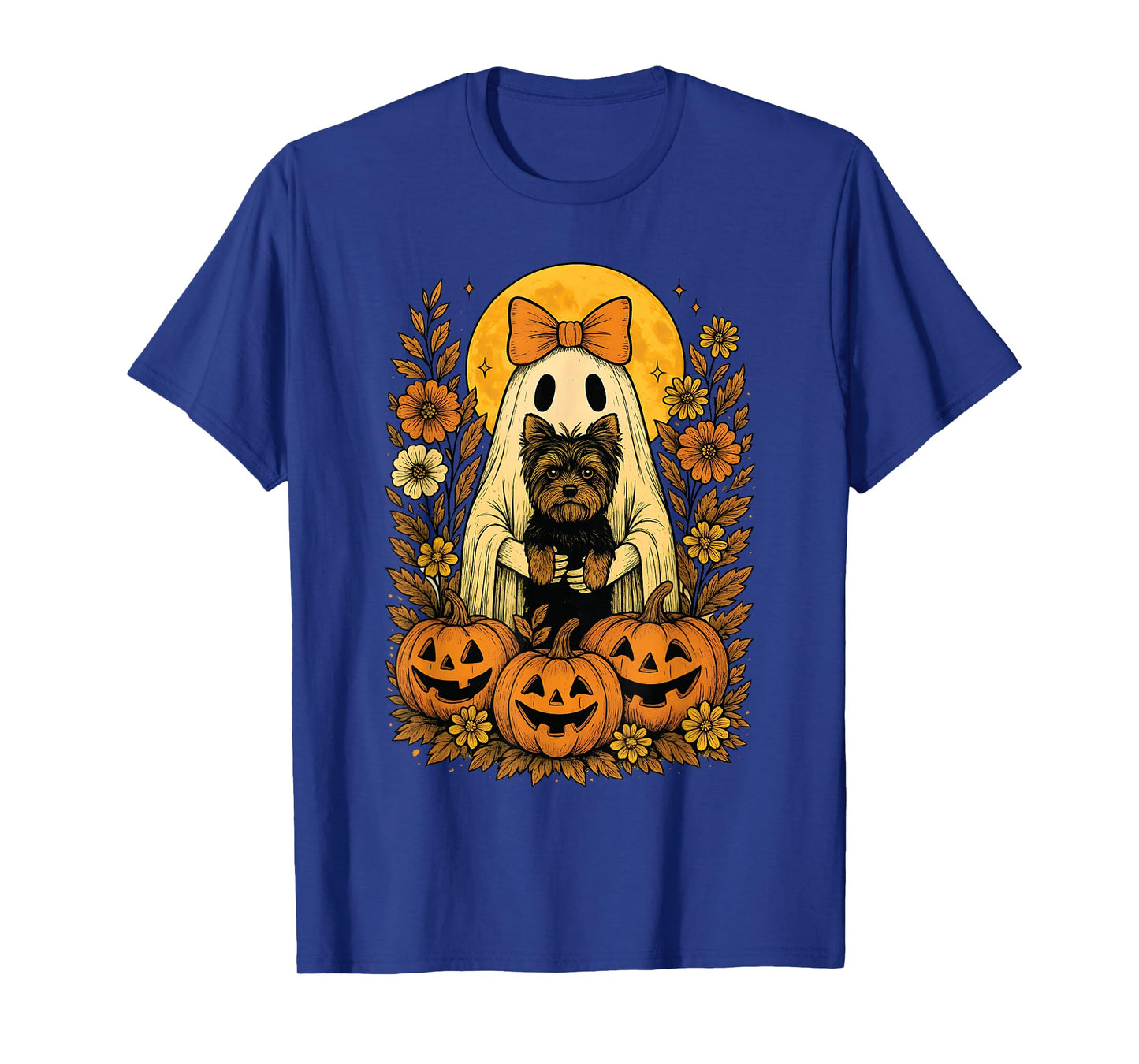 Floral Halloween Ghost Holding Yorkshire Terrier (Yorkie) T-Shirt
