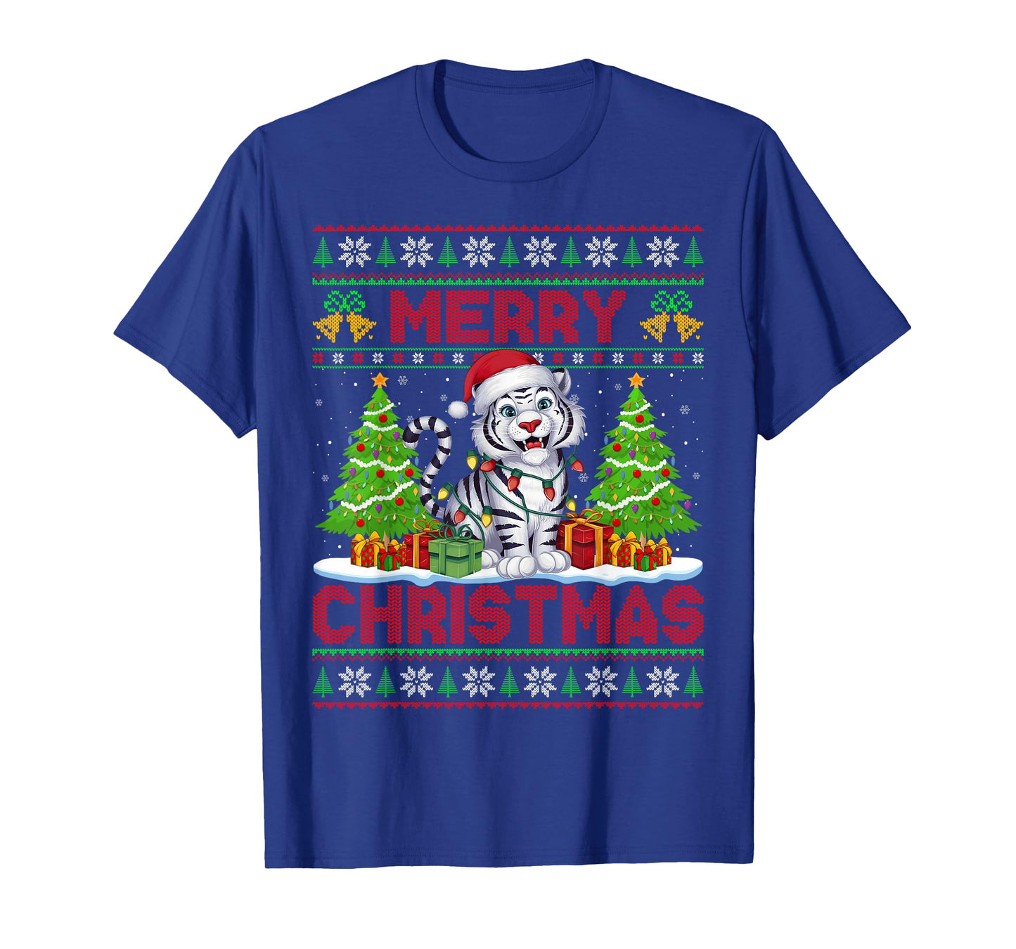 White Tiger Ugly Christmas Sweaters Funny Santa Lights Xmas T-Shirt
