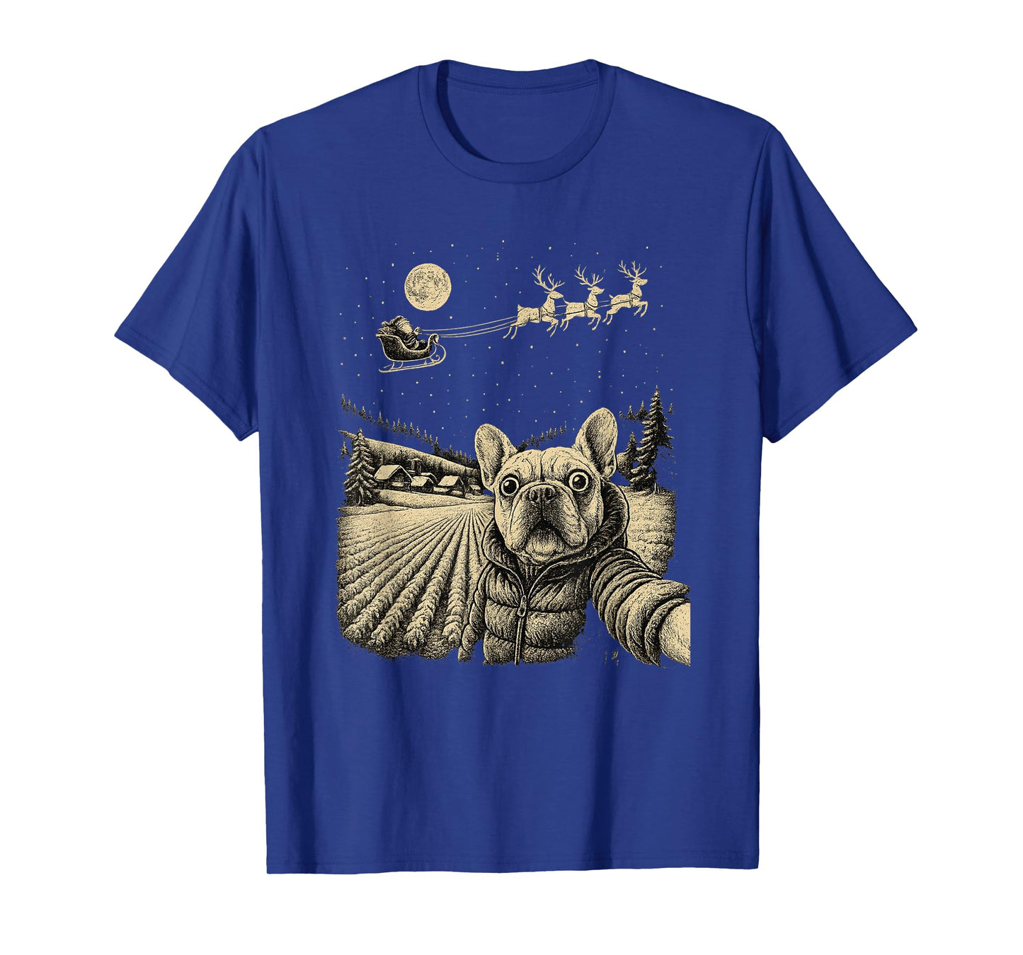 Funny French Bulldog Christmas Selfie with Santa Sleigh T-Shirt