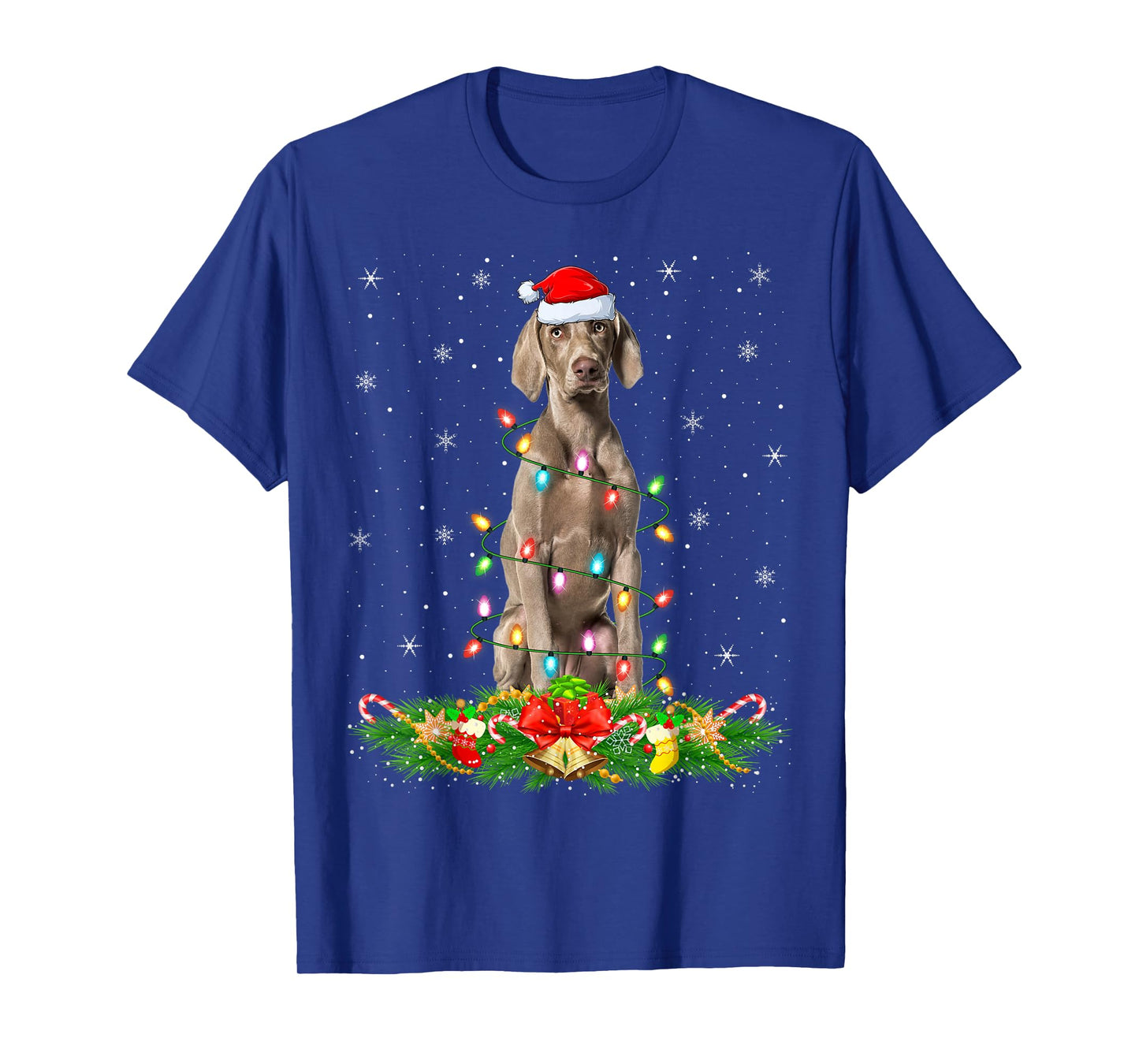 Weimaraner Dog Christmas Lights Funny Santa Hat Xmas T-Shirt
