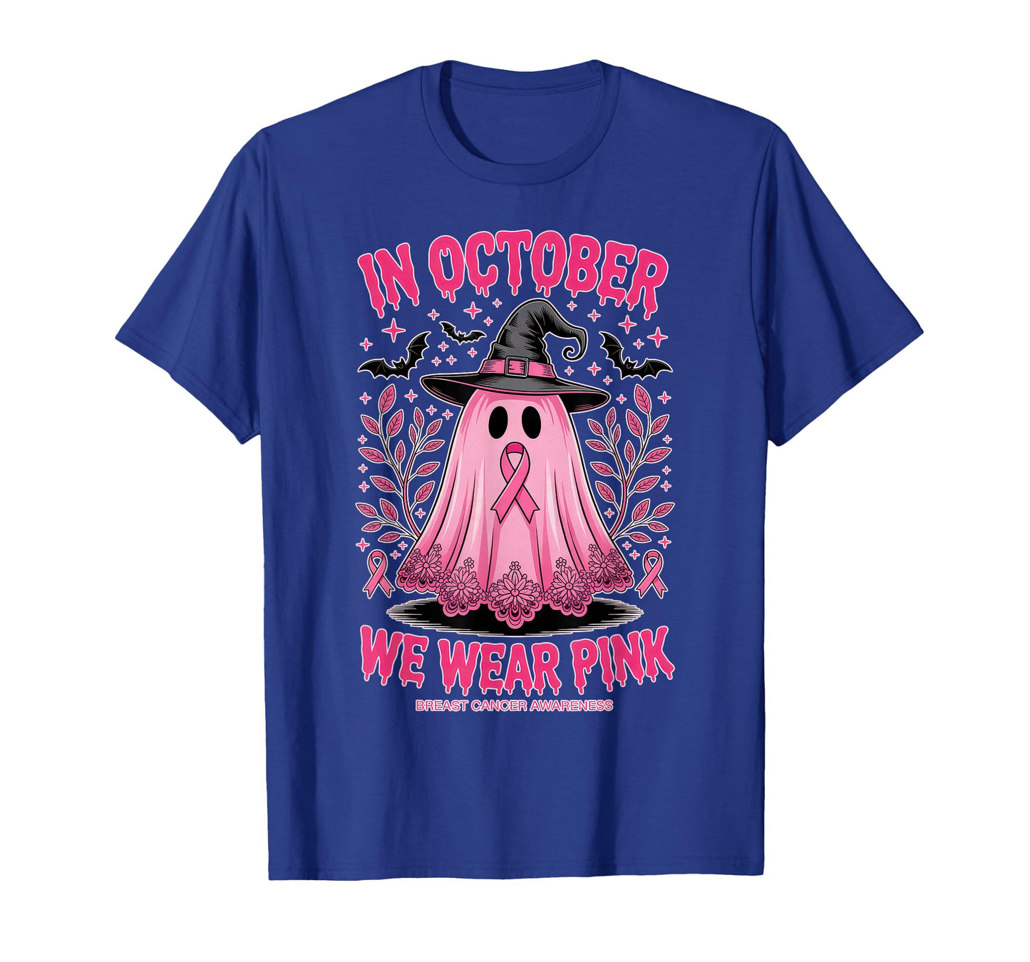 October Pink Ghost Witch Hat Breast Cancer Awareness T-Shirt