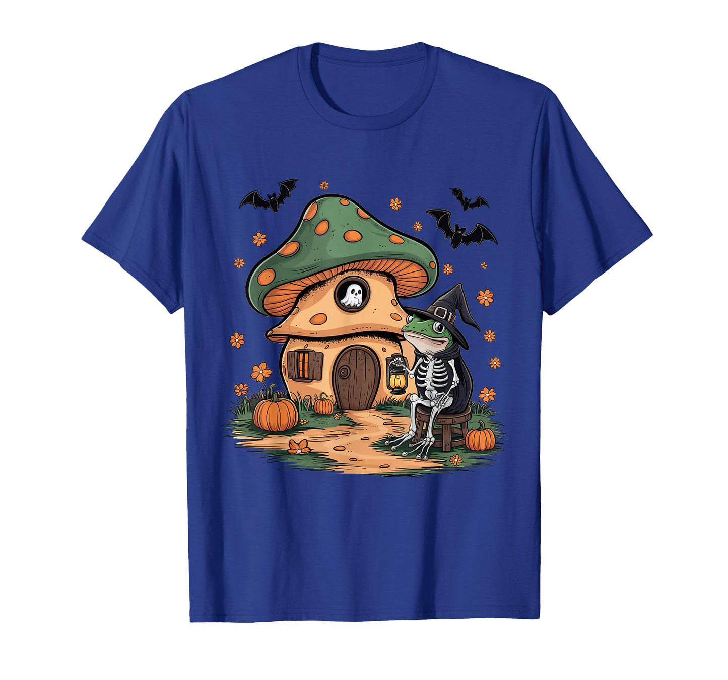 Frog Skeleton Mushroom House Funny Halloween Ghost Pumpkin T-Shirt