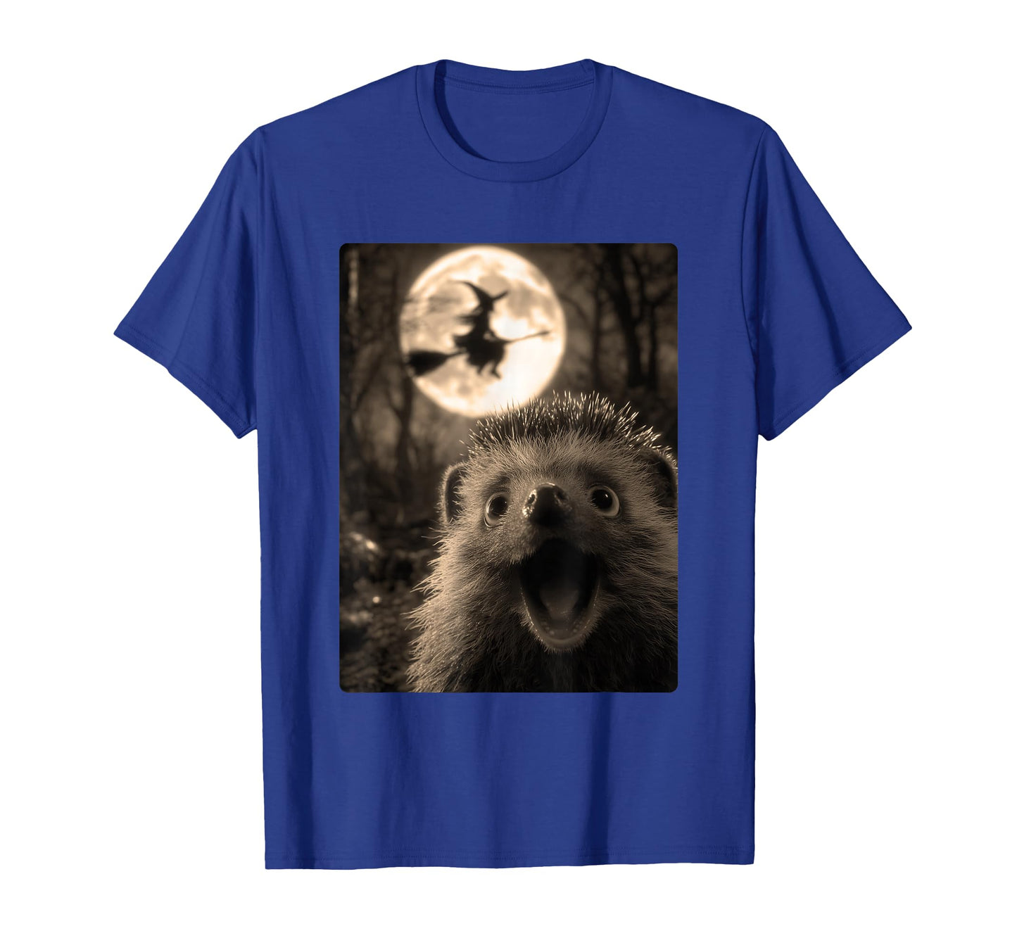 Funny Hedgehog Selfie with Full Moon Flying Witch Halloween T-Shirt