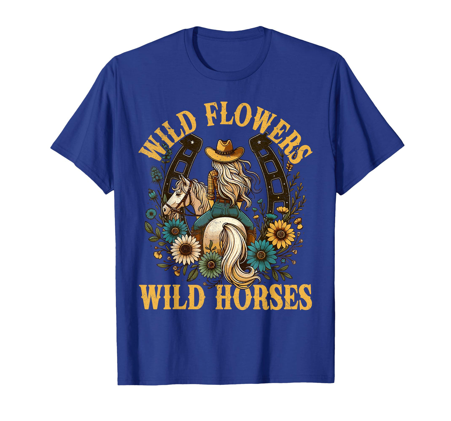 Retro Southern Sunset Cowgirl Wild Flowers - Wild Horses T-Shirt