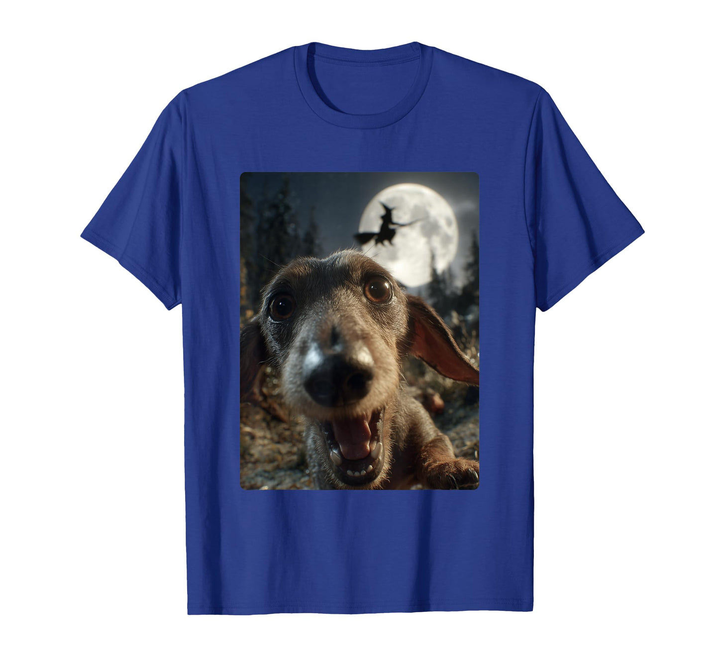 Funny Dachshund Selfie Full Moon Flying Witch Halloween Dog T-Shirt