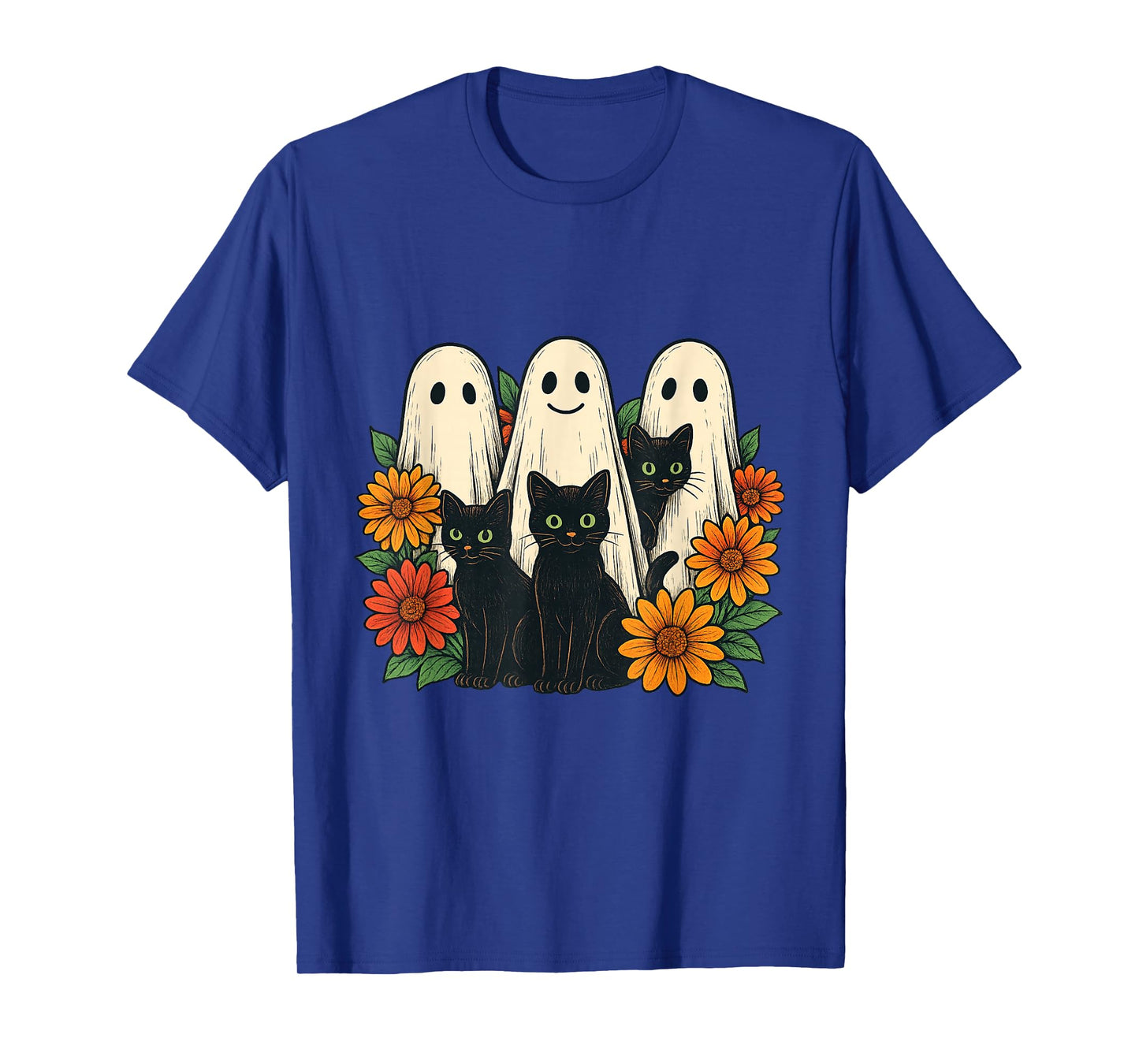 Vintage Halloween Ghost Holding Black Cat Groovy Floral T-Shirt