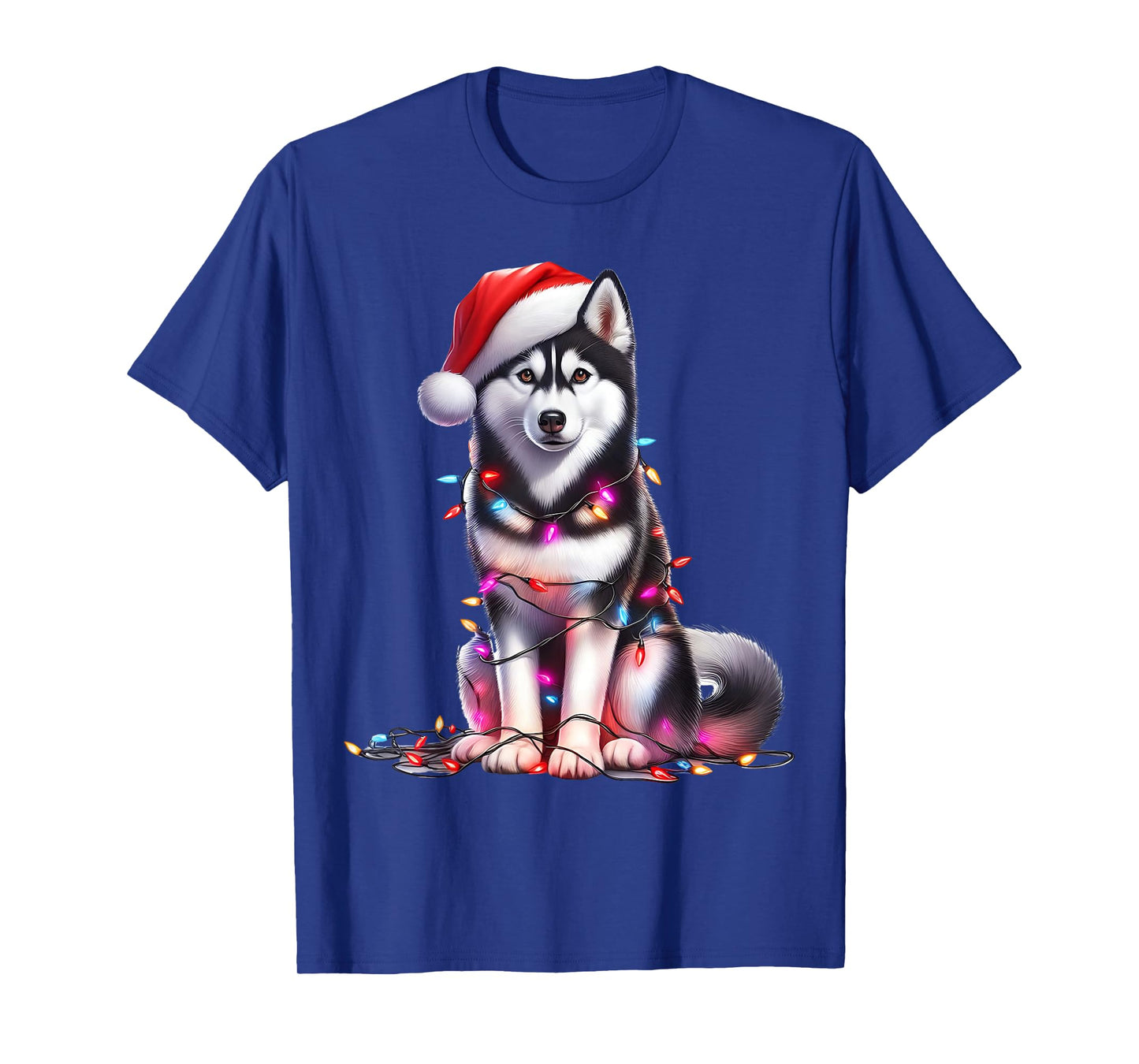 Husky Dog Christmas Lights Santa Hat Dog Lover T-Shirt